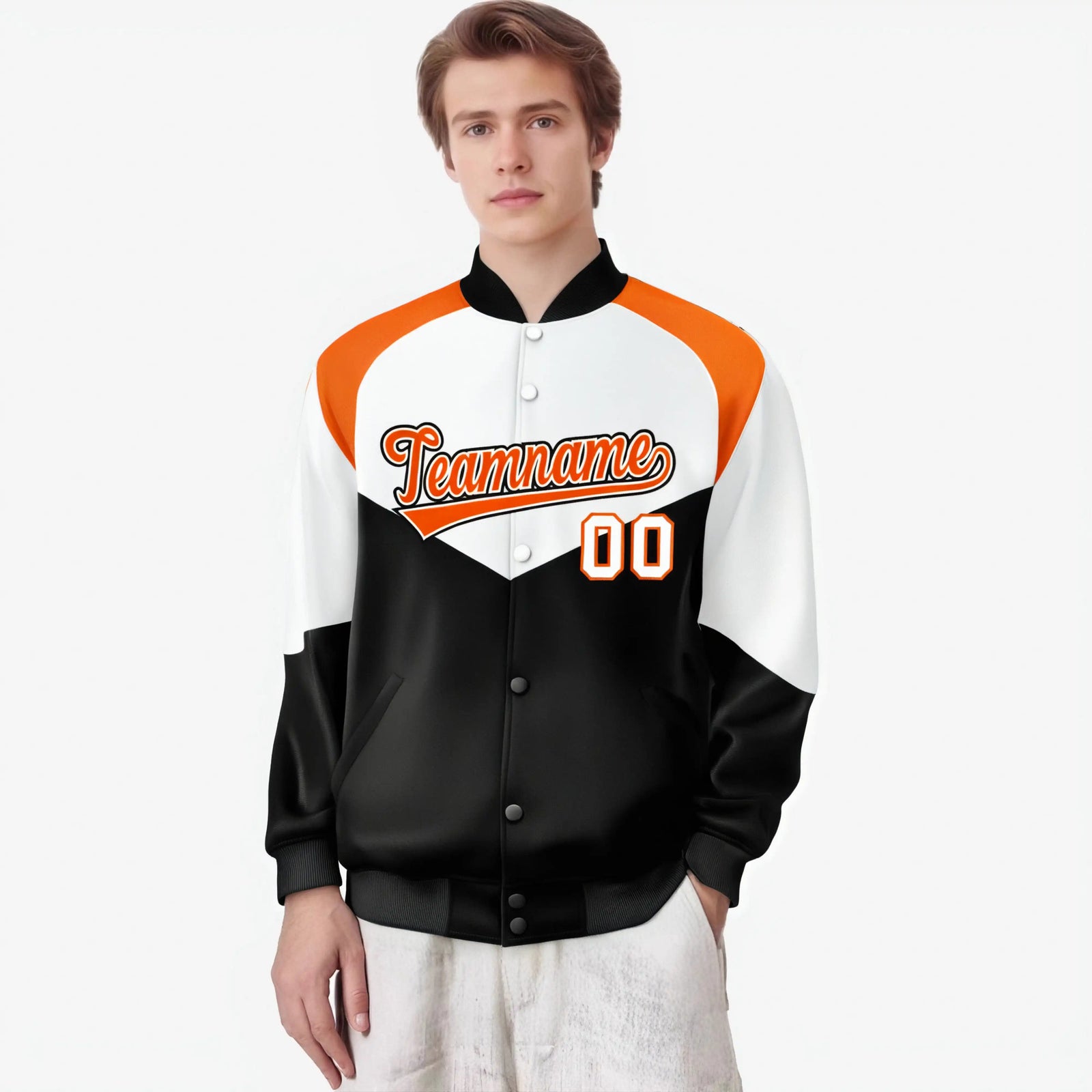 Custom White Black-Orange Varsity Full-Snap Color Block Letterman Jacket
