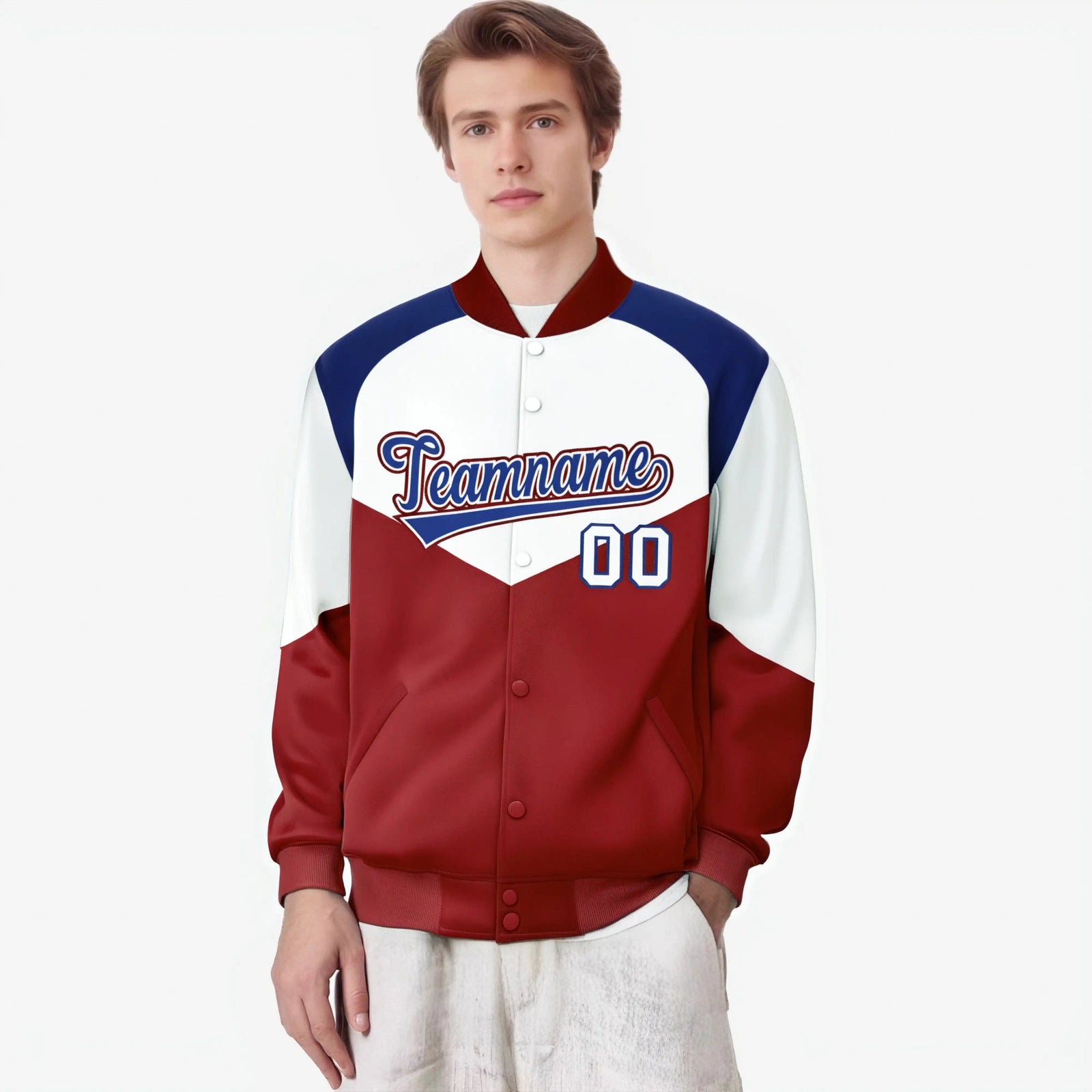 Custom White Red-Royal Blue Varsity Full-Snap Color Block Letterman Jacket