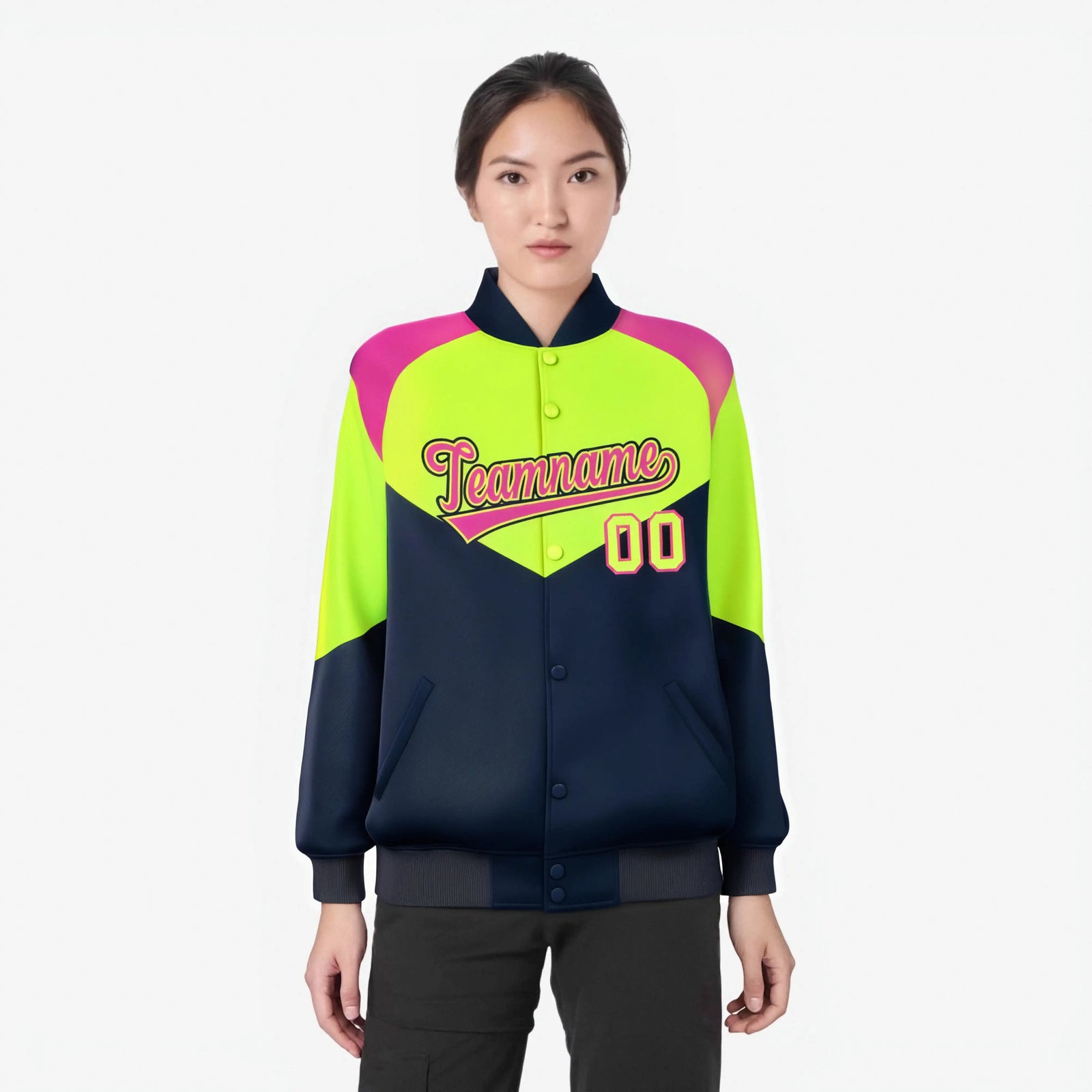 Custom Fluorescent Green Navy-Pink Varsity Full-Snap Color Block Letterman Jacket