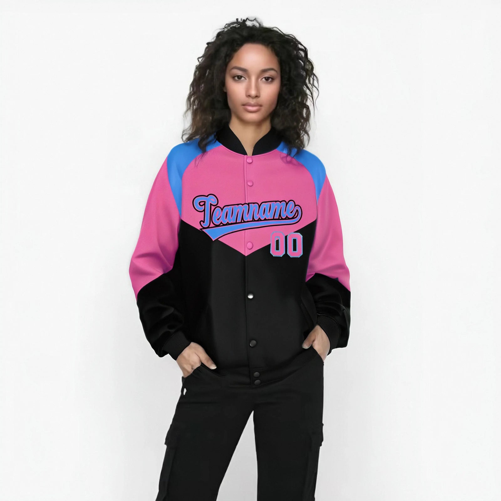 Custom Pink Black-Powder Blue Varsity Full-Snap Color Block Letterman Jacket