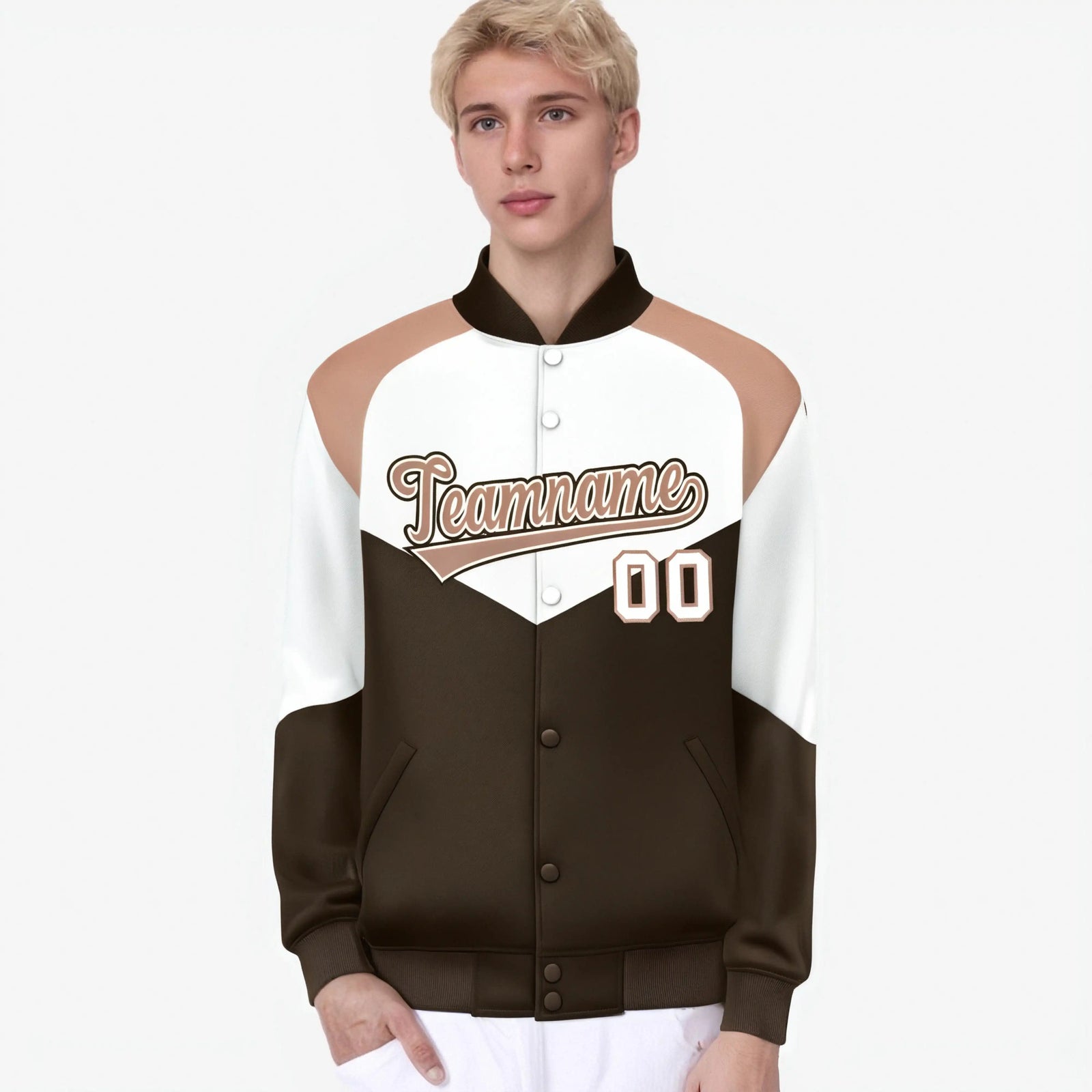 Custom White Brown-Light Brown Varsity Full-Snap Color Block Letterman Jacket