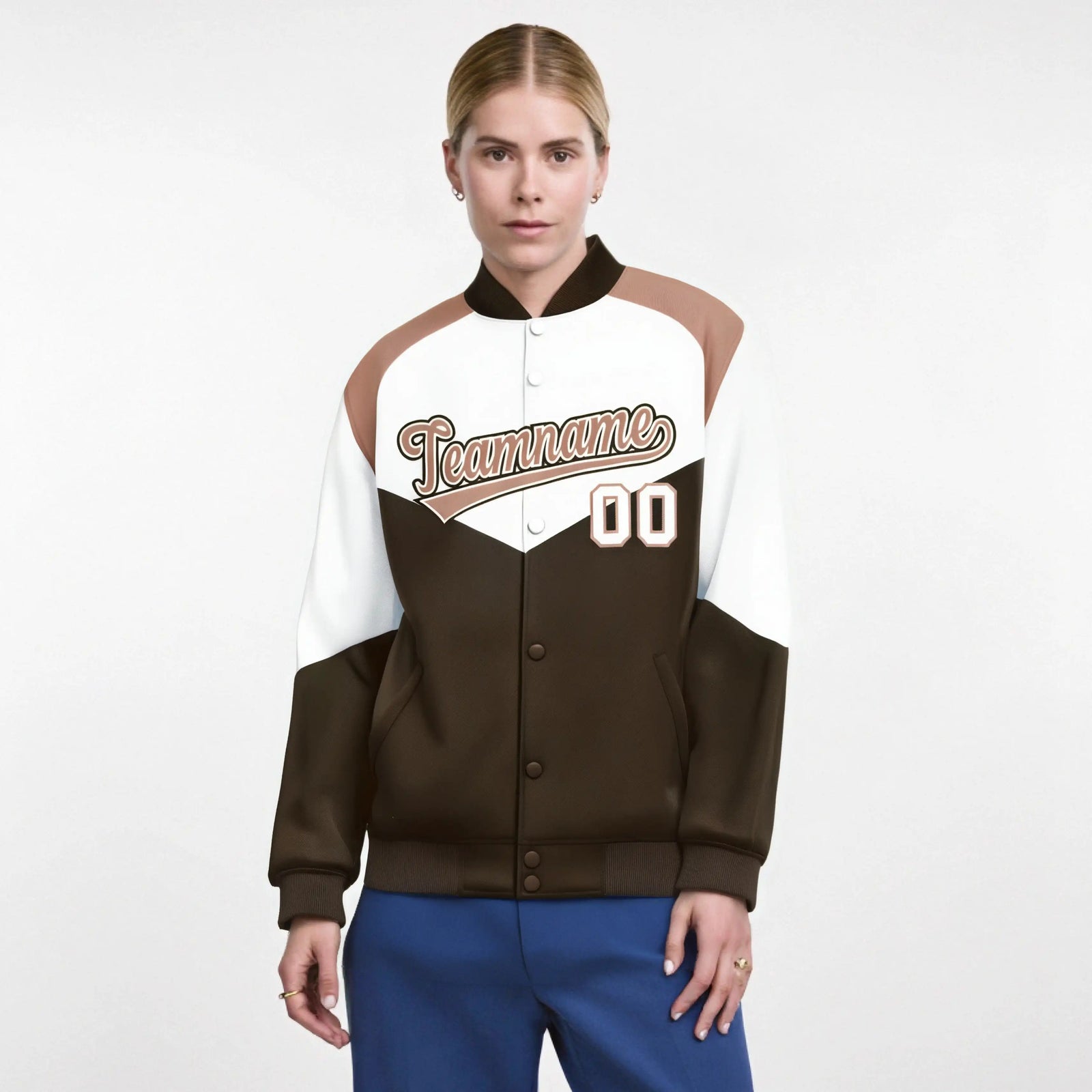 Custom White Brown-Light Brown Varsity Full-Snap Color Block Letterman Jacket