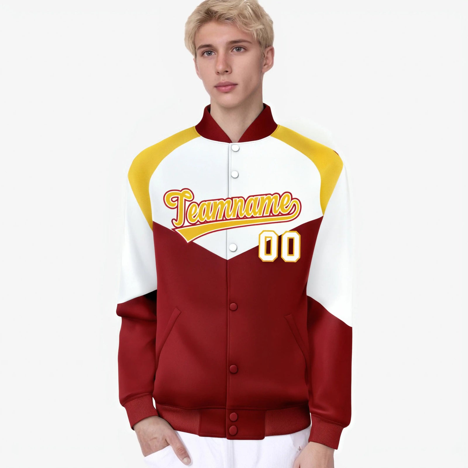 Custom White Red-Gold Varsity Full-Snap Color Block Letterman Jacket
