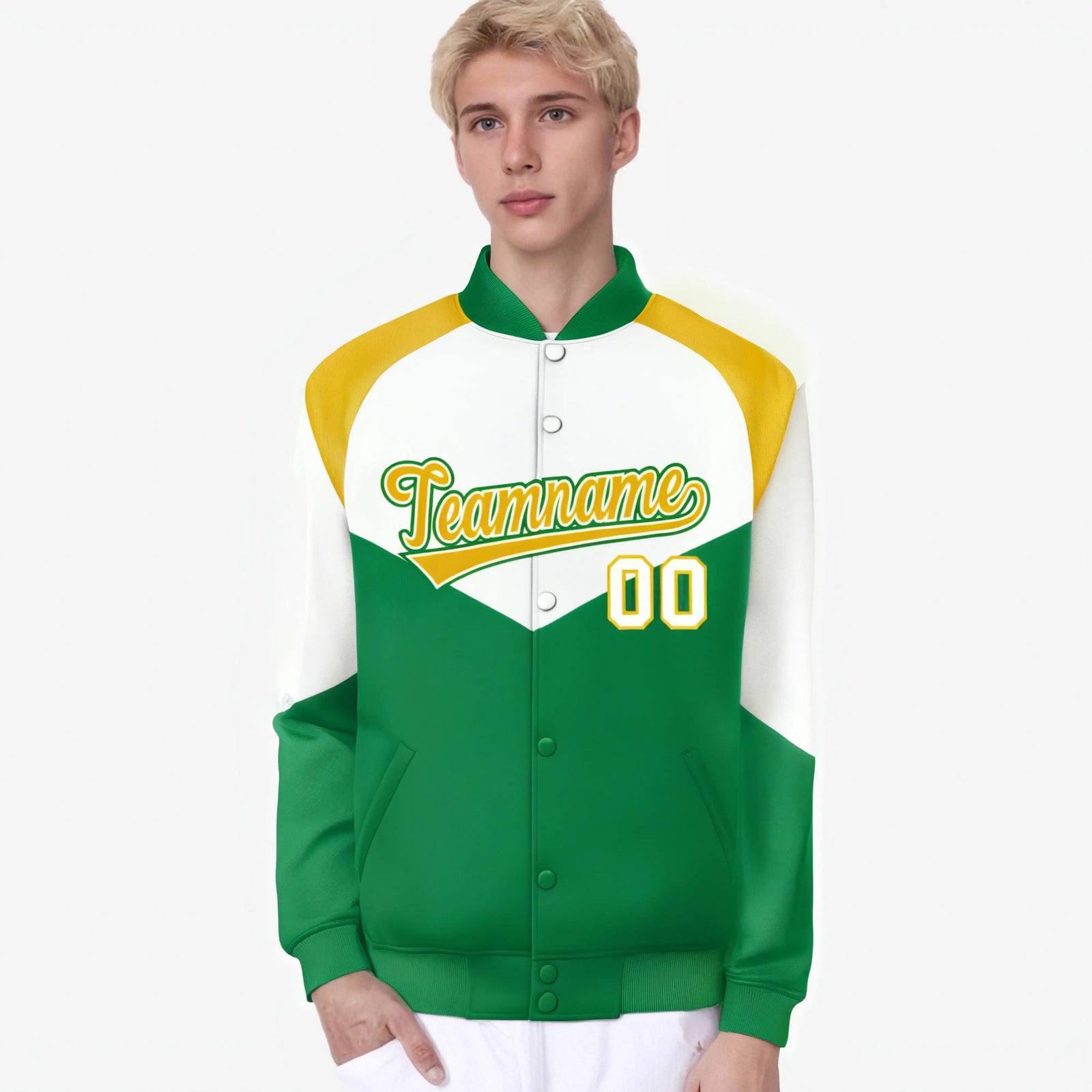 Custom White Kelly Green-Gold Varsity Full-Snap Color Block Letterman Jacket