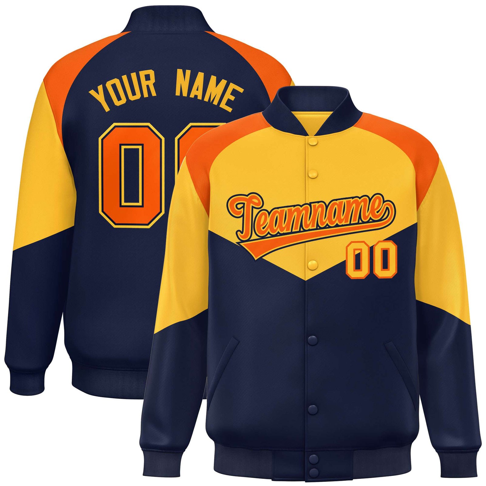 Custom Yellow Navy-Orange Varsity Full-Snap Color Block Letterman Jacket