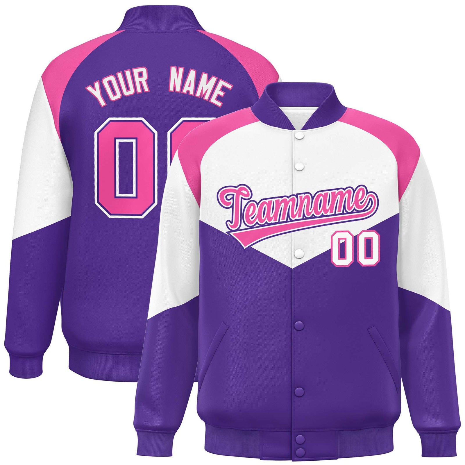 Custom White Purple-Pink Varsity Full-Snap Color Block Letterman Jacket