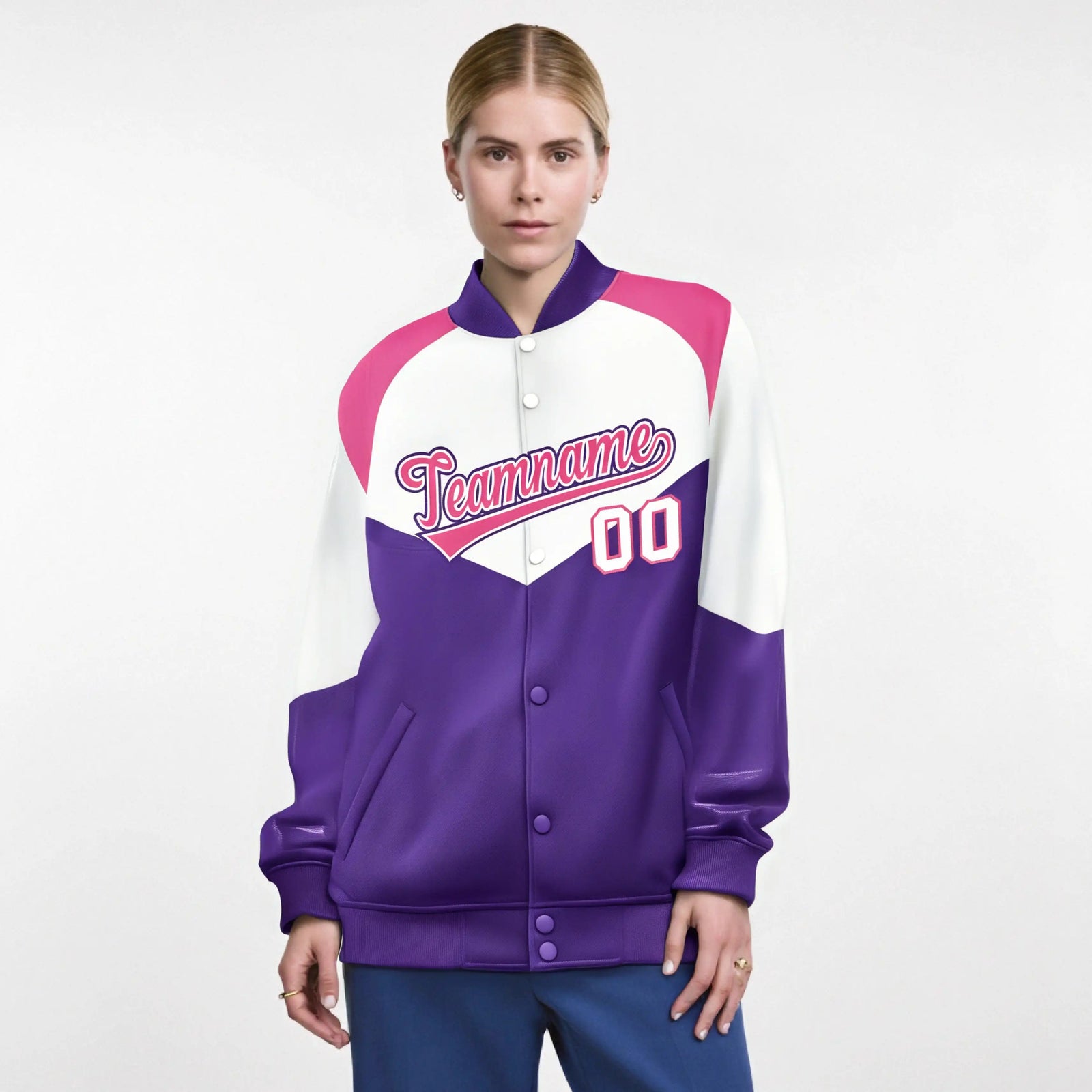 Custom White Purple-Pink Varsity Full-Snap Color Block Letterman Jacket
