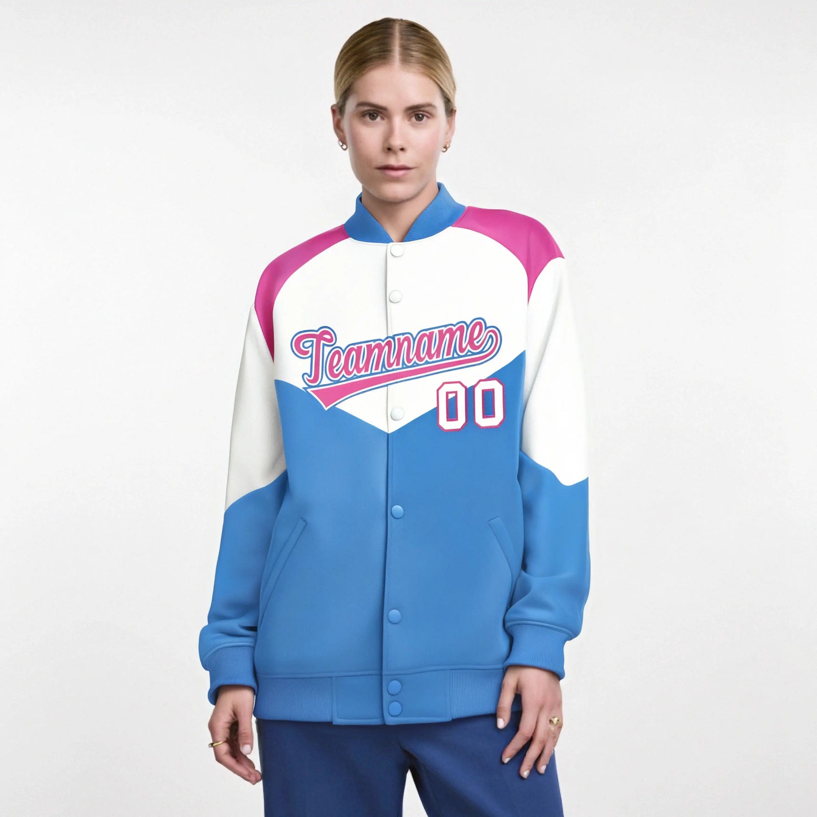 Custom White Powder Blue-Pink Varsity Full-Snap Color Block Letterman Jacket