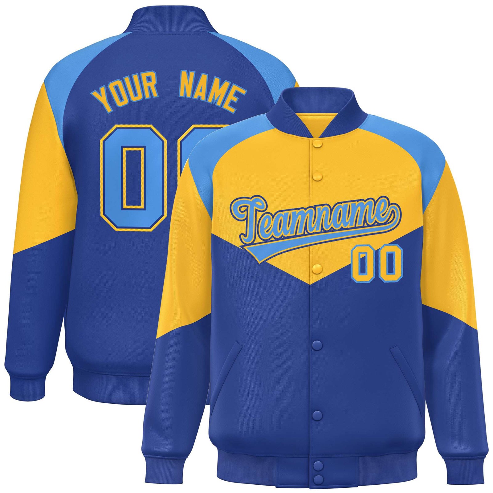 Custom Yellow Royal Blue-Powder Blue Varsity Full-Snap Color Block Letterman Jacket