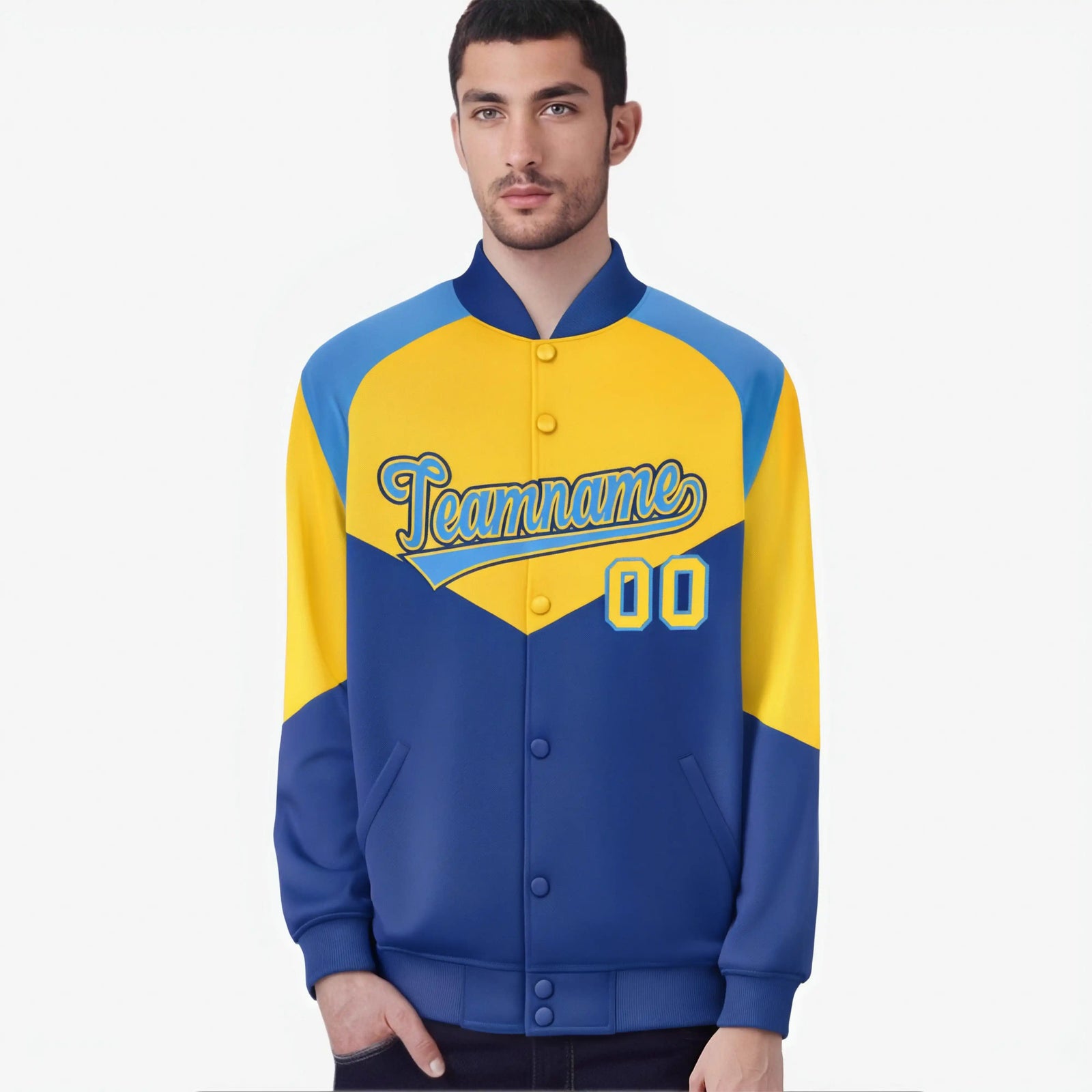 Custom Yellow Royal Blue-Powder Blue Varsity Full-Snap Color Block Letterman Jacket
