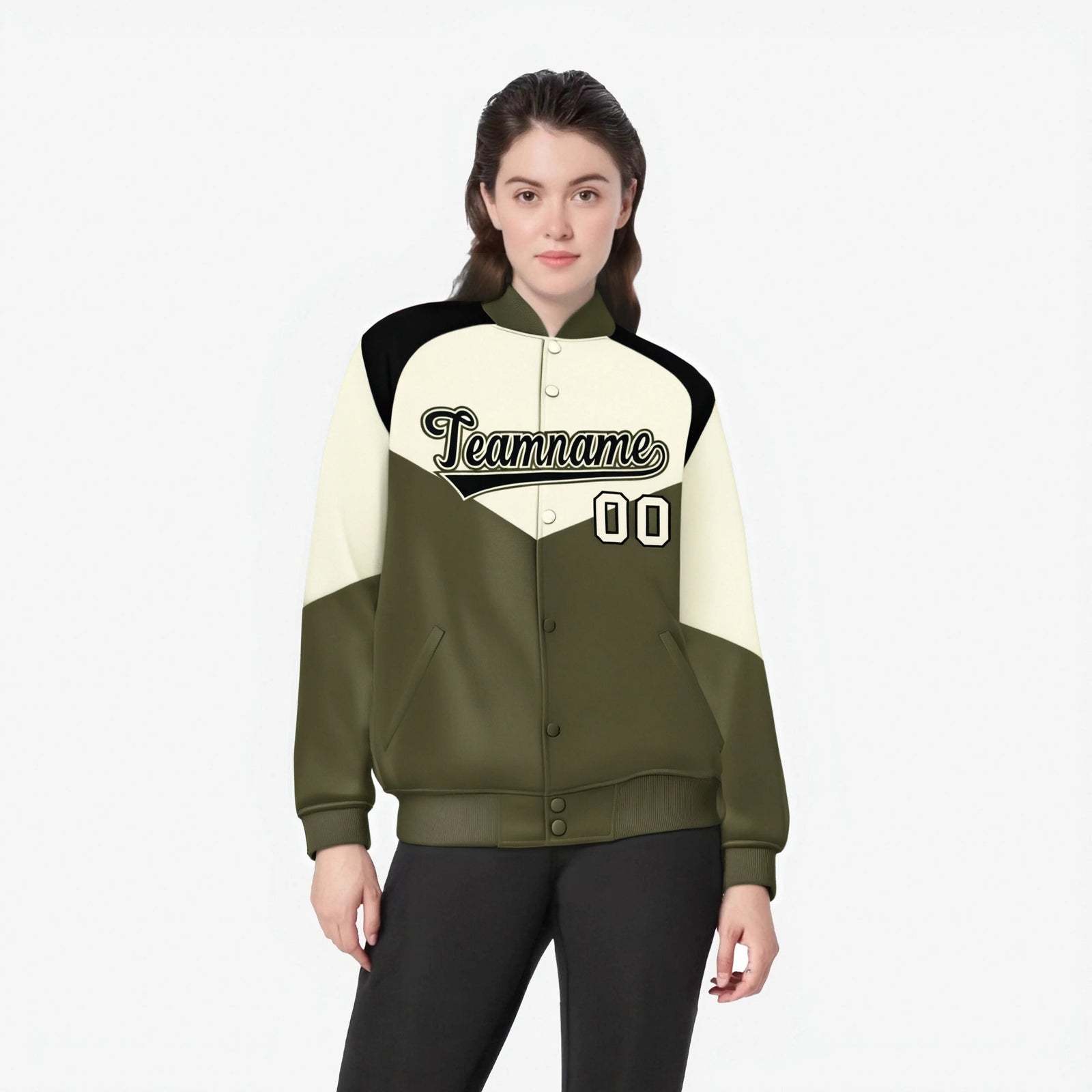 Custom Cream Olive-Black Varsity Full-Snap Color Block Letterman Jacket