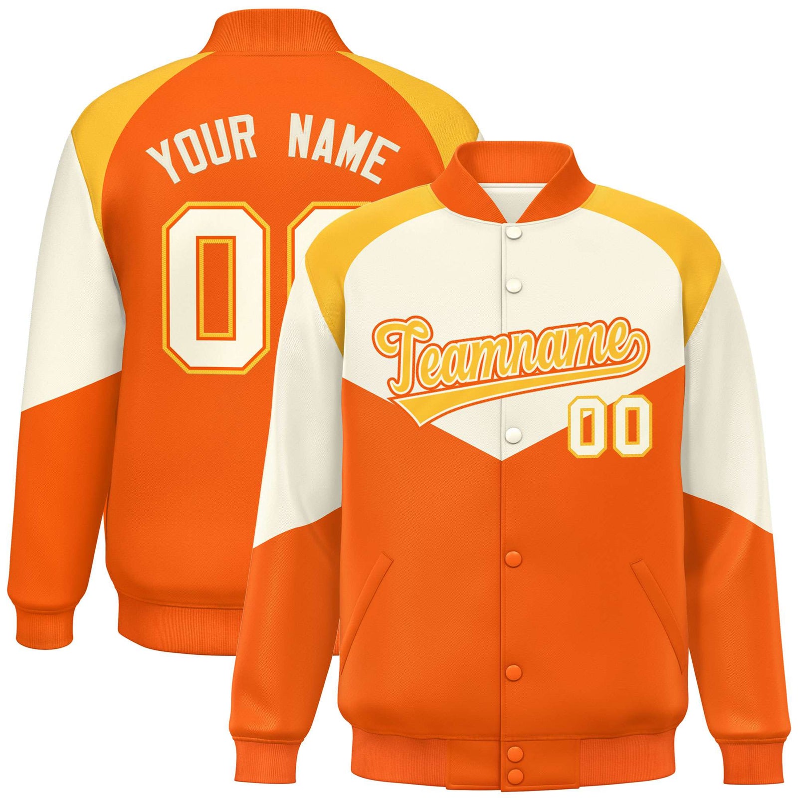 Custom Cream Orange-Gold Varsity Full-Snap Color Block Letterman Jacket