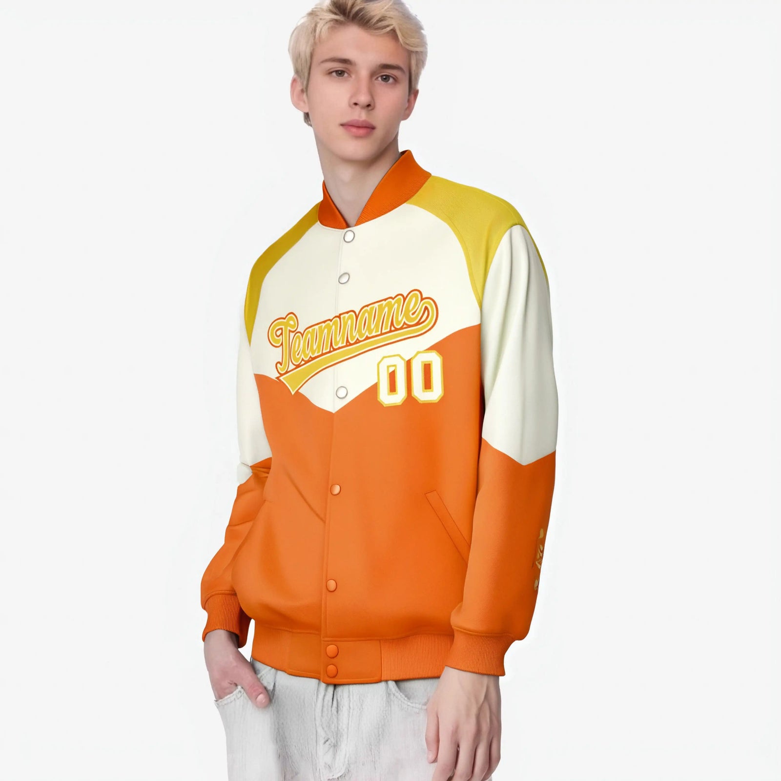 Custom Cream Orange-Gold Varsity Full-Snap Color Block Letterman Jacket