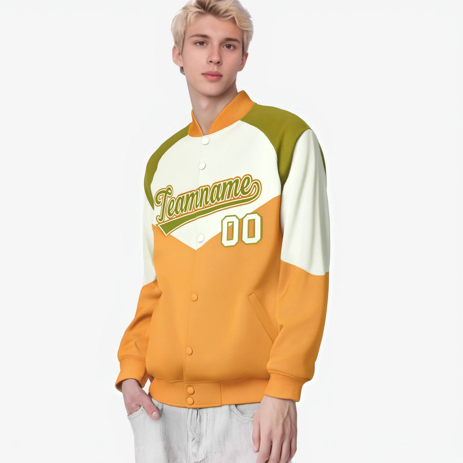 Custom Cream Yellow-Old Gold Varsity Full-Snap Color Block Letterman Jacket