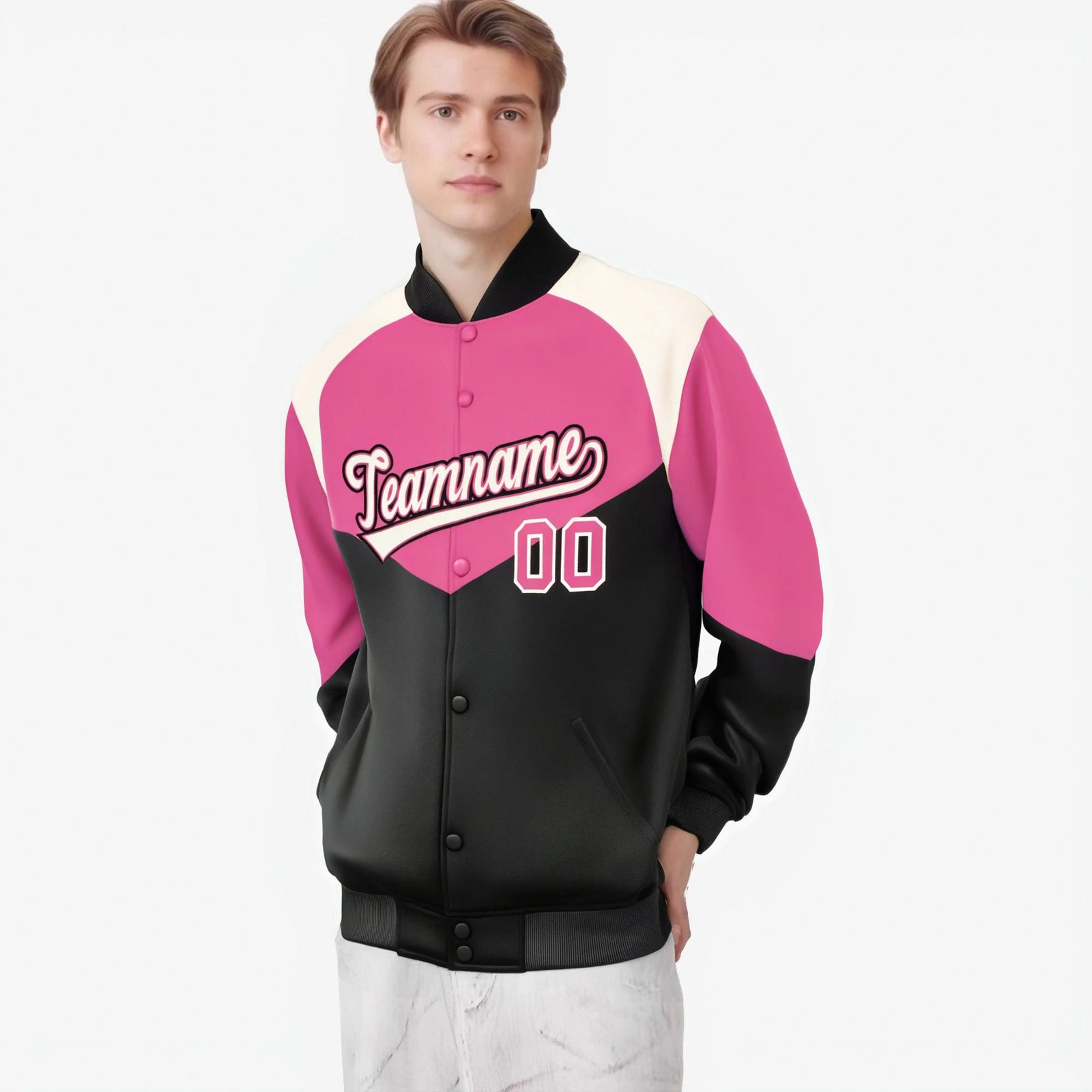 Custom Pink Black-Cream Varsity Full-Snap Color Block Letterman Jacket