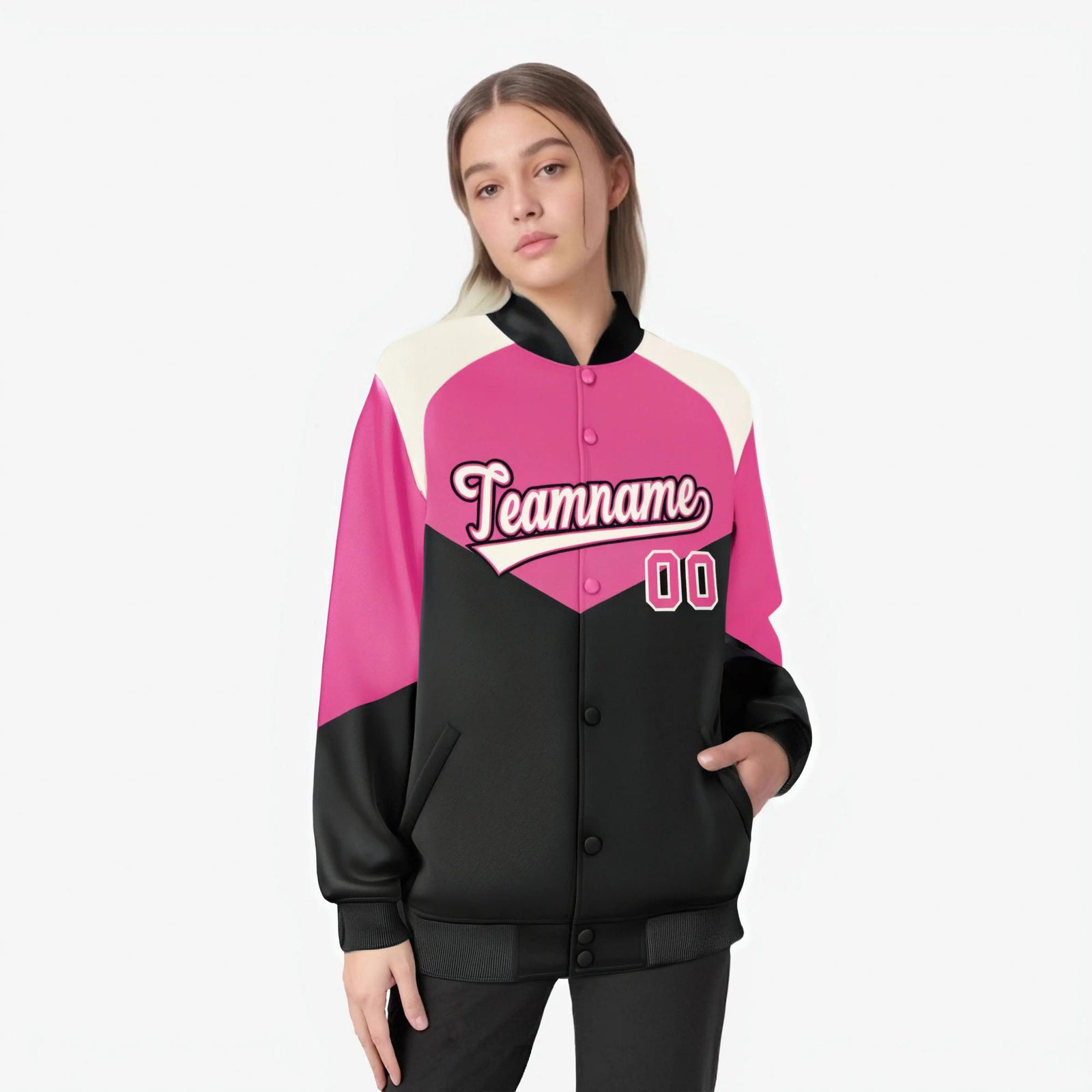 Custom Pink Black-Cream Varsity Full-Snap Color Block Letterman Jacket