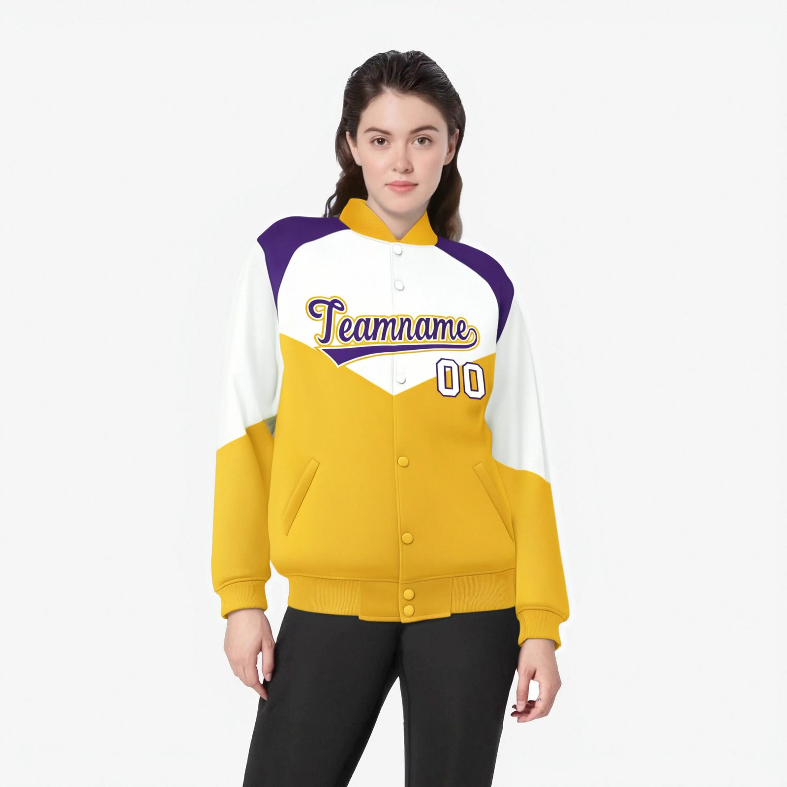 Custom White Gold-Purple Varsity Full-Snap Color Block Letterman Jacket