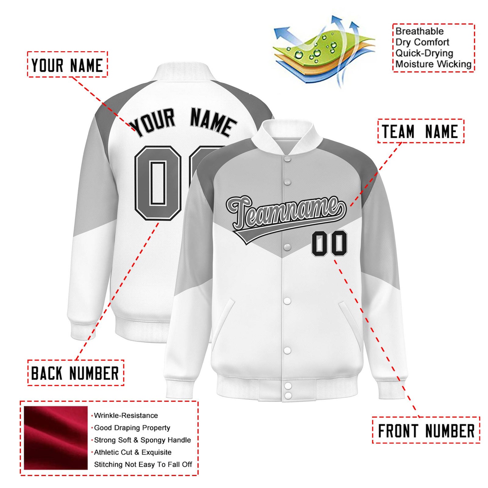 Custom Gray White-Dark Gray Varsity Full-Snap Color Block Letterman Jacket