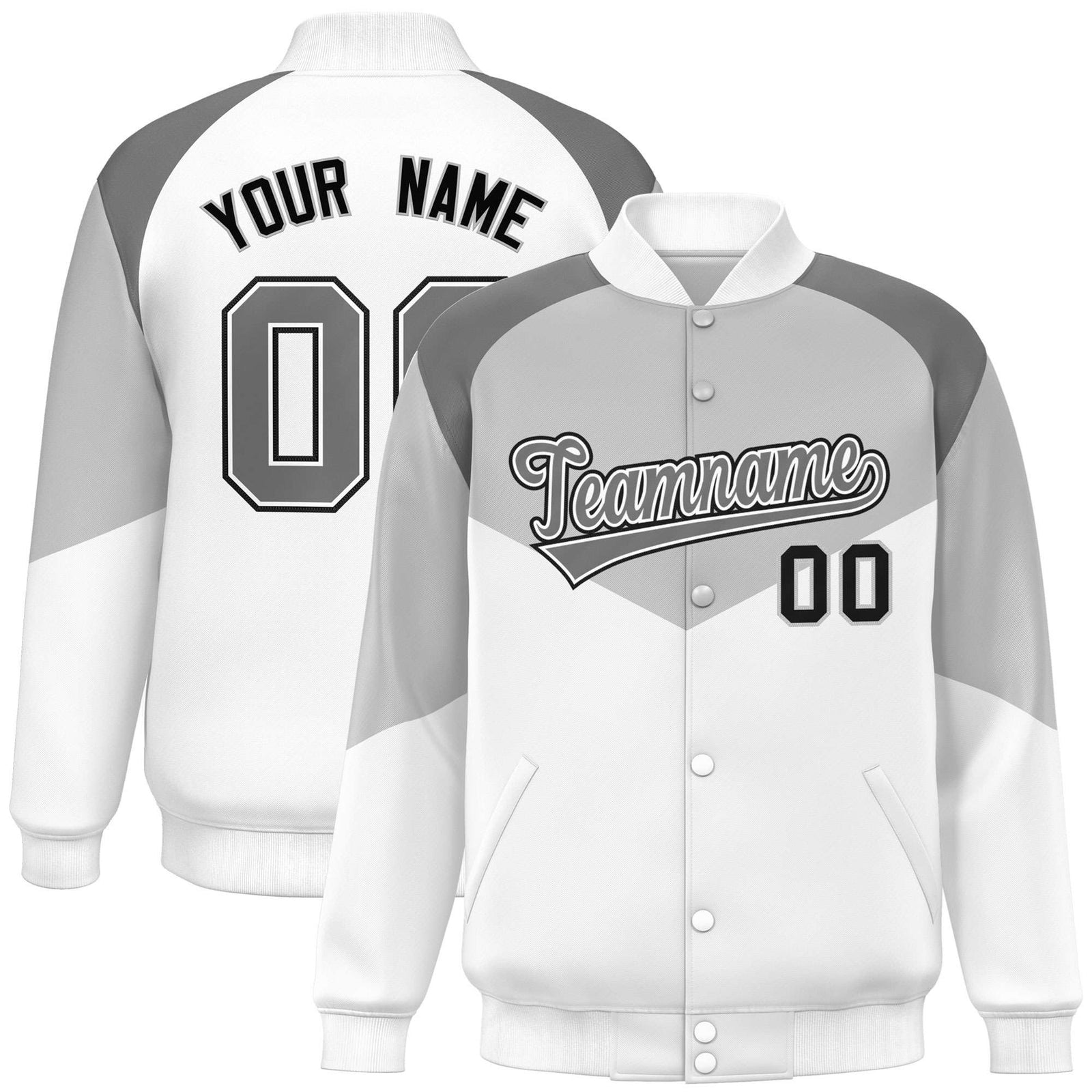 Custom Gray White-Dark Gray Varsity Full-Snap Color Block Letterman Jacket