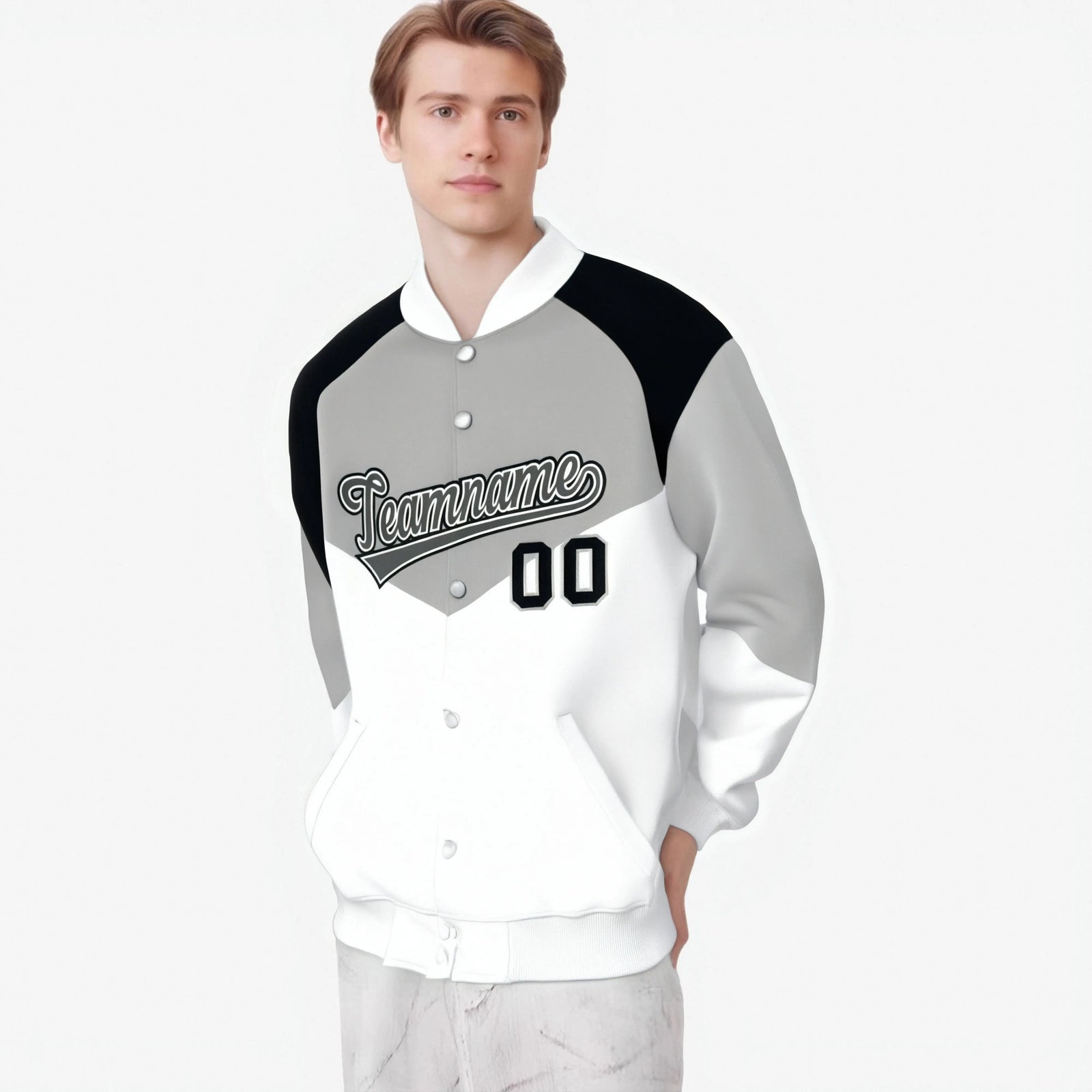 Custom Gray White-Dark Gray Varsity Full-Snap Color Block Letterman Jacket
