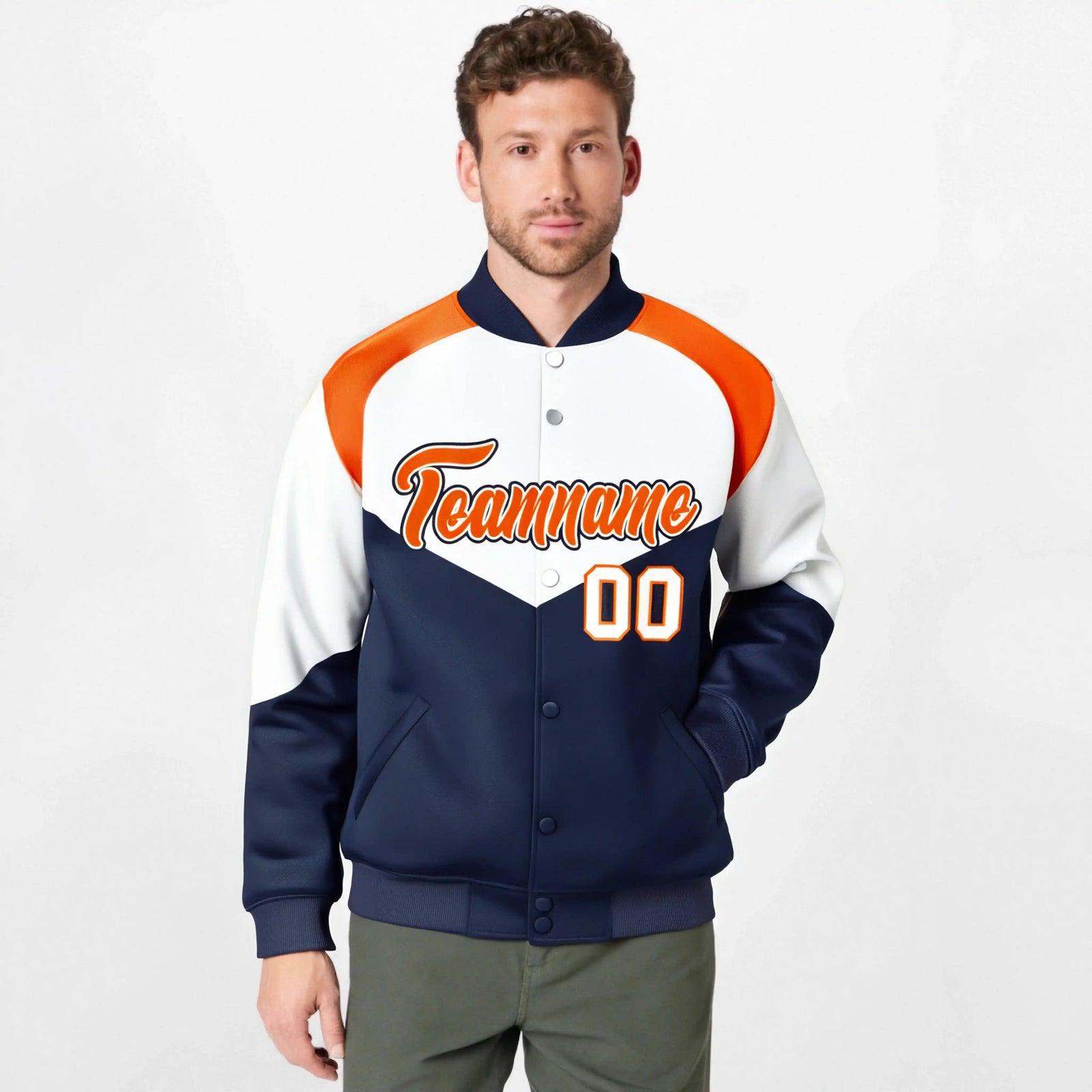 Custom White Navy-Orange Varsity Full-Snap Color Block Letterman Jacket