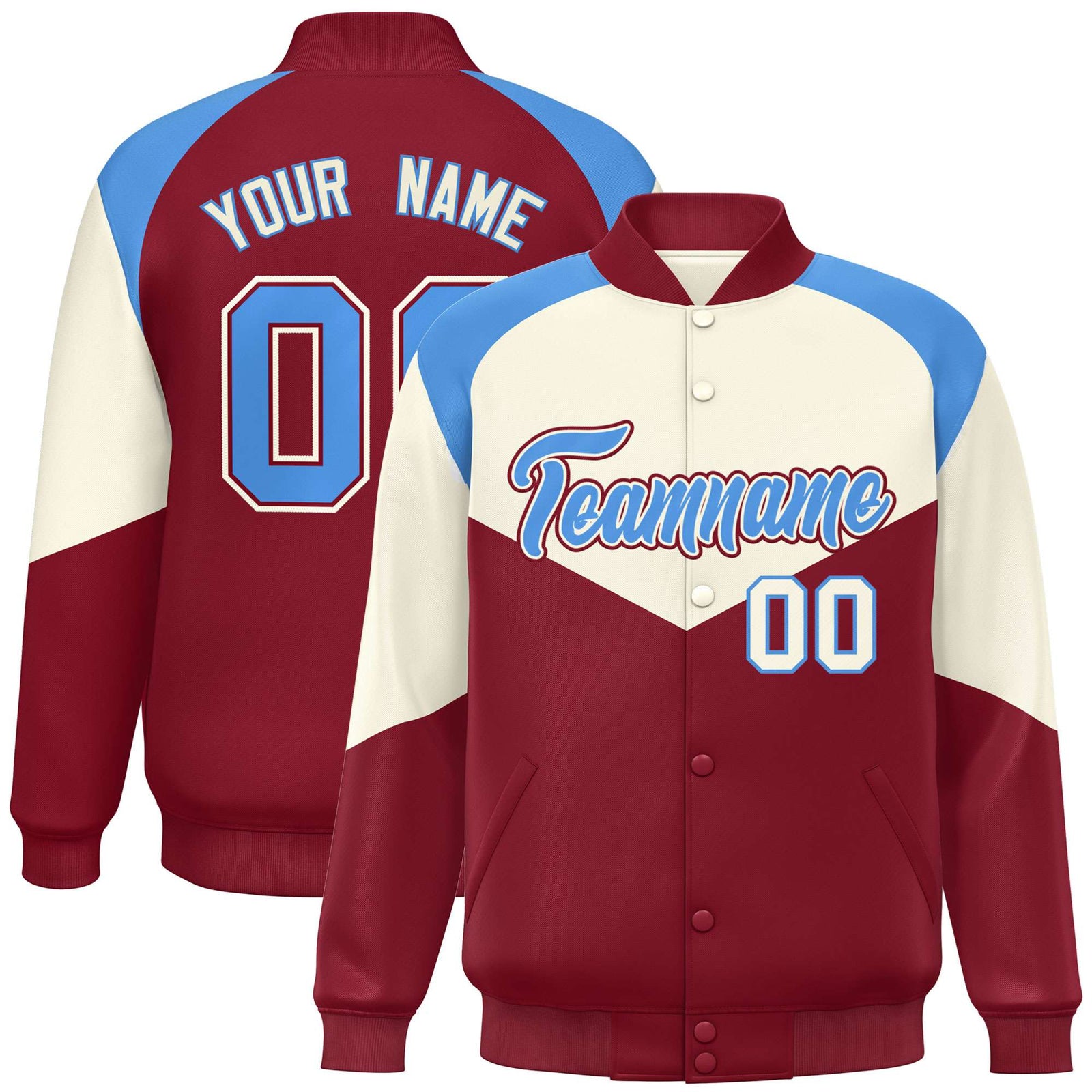 Custom Cream Crimson-Powder Blue Varsity Full-Snap Color Block Letterman Jacket