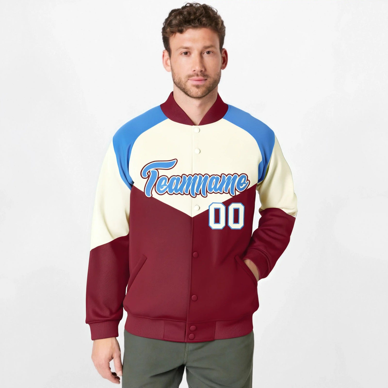 Custom Cream Crimson-Powder Blue Varsity Full-Snap Color Block Letterman Jacket