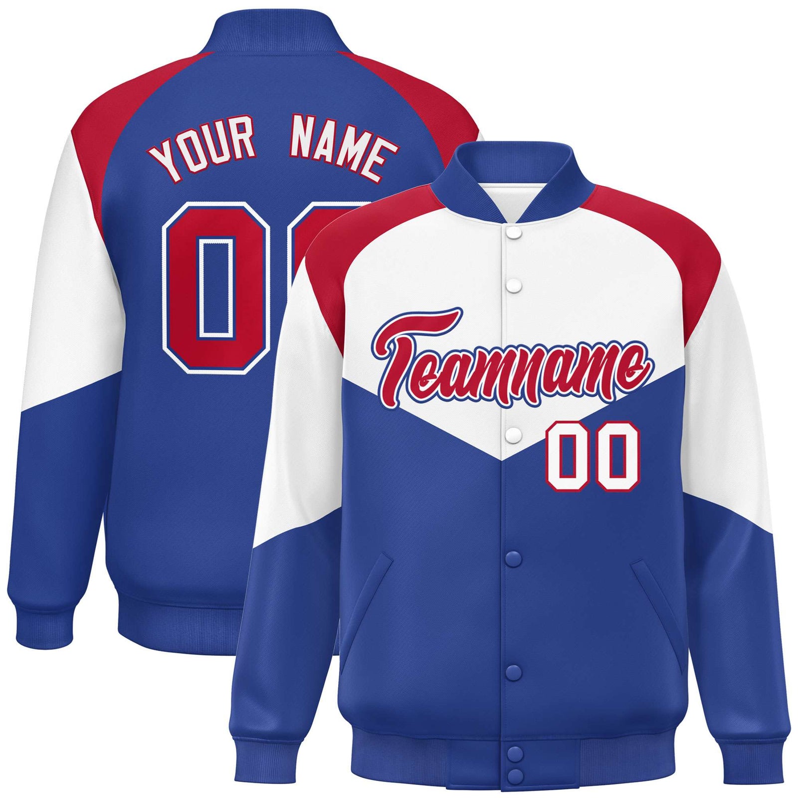 Custom White Royal Blue-Red Varsity Full-Snap Color Block Letterman Jacket