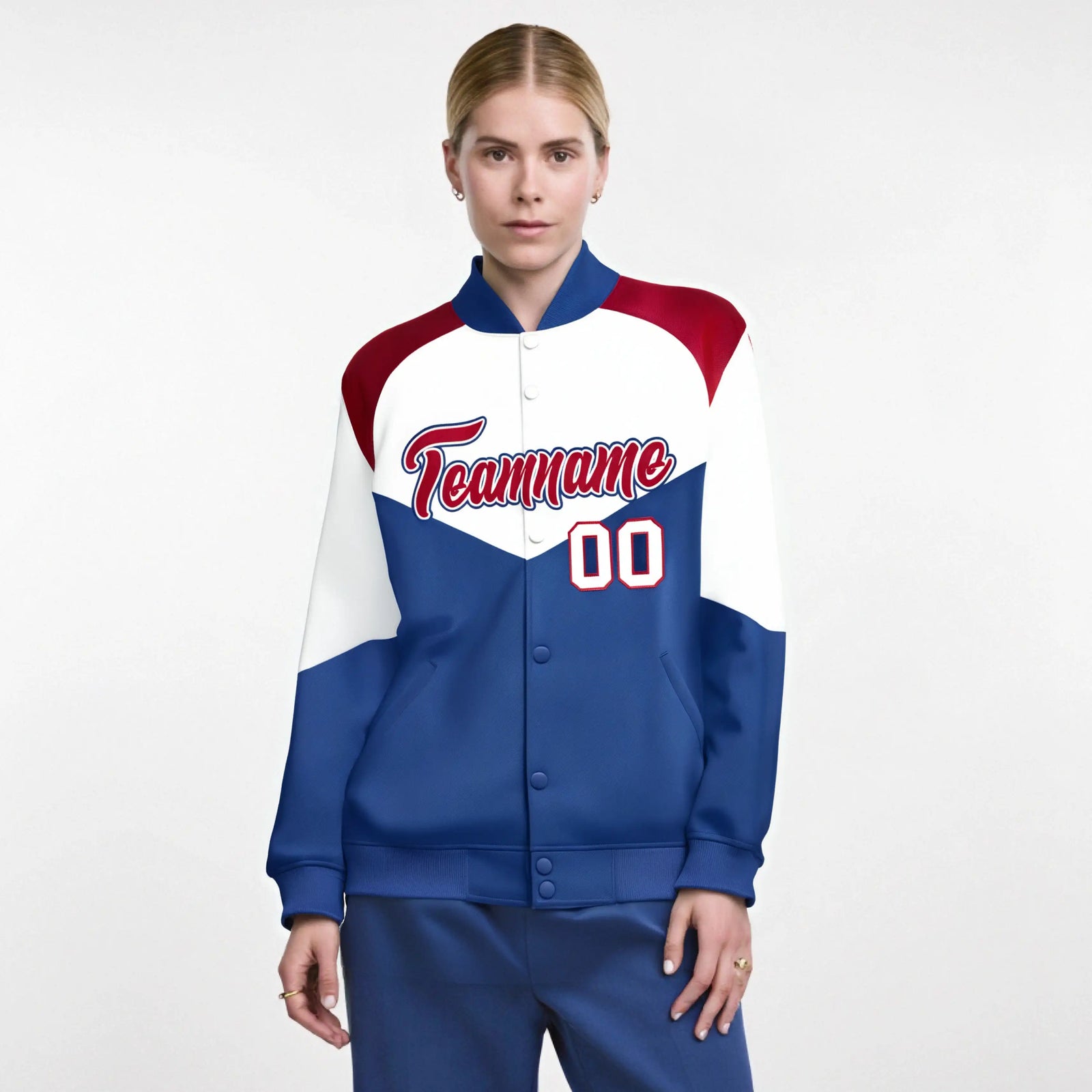 Custom White Royal Blue-Red Varsity Full-Snap Color Block Letterman Jacket