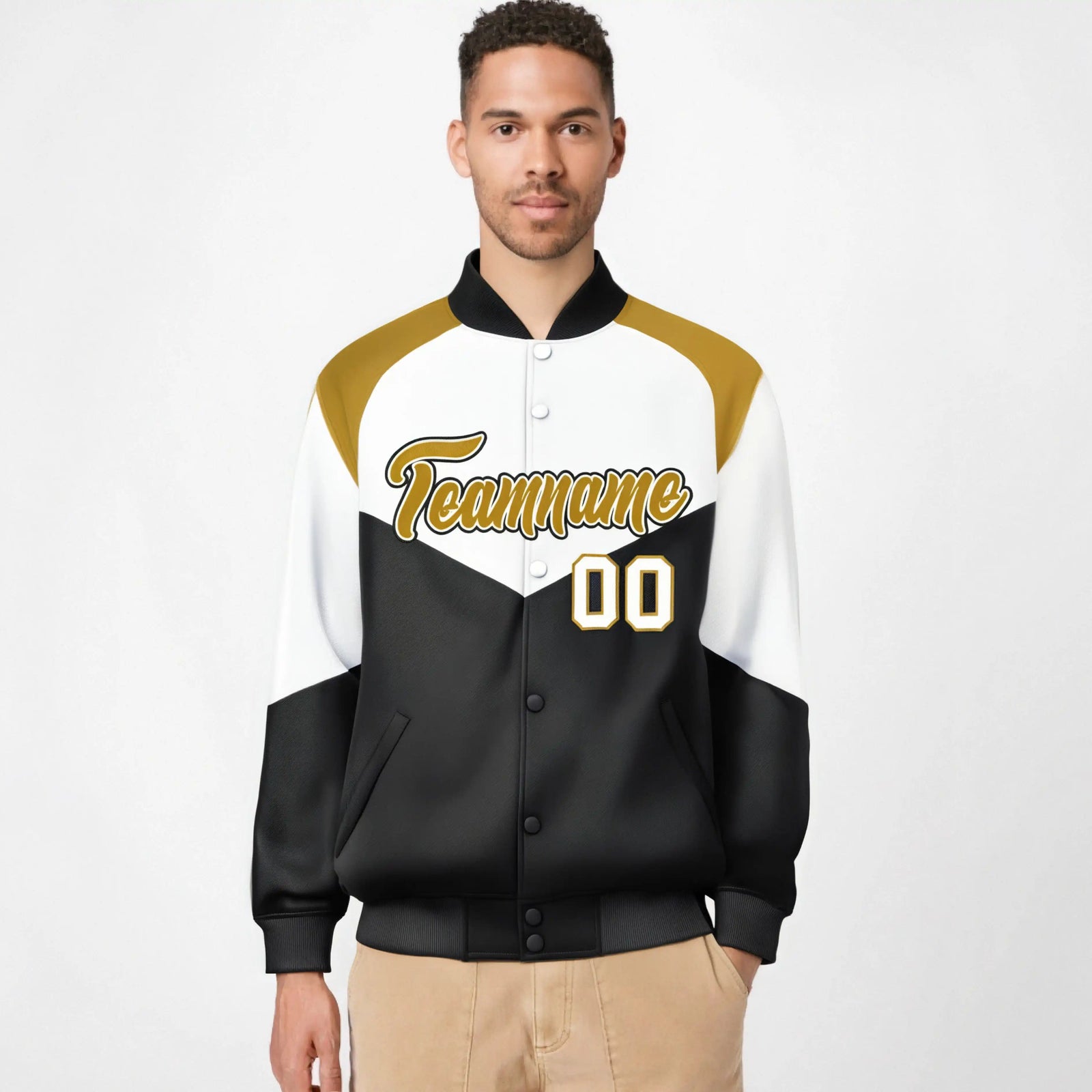 Custom White Black-Old Gold Varsity Full-Snap Color Block Letterman Jacket