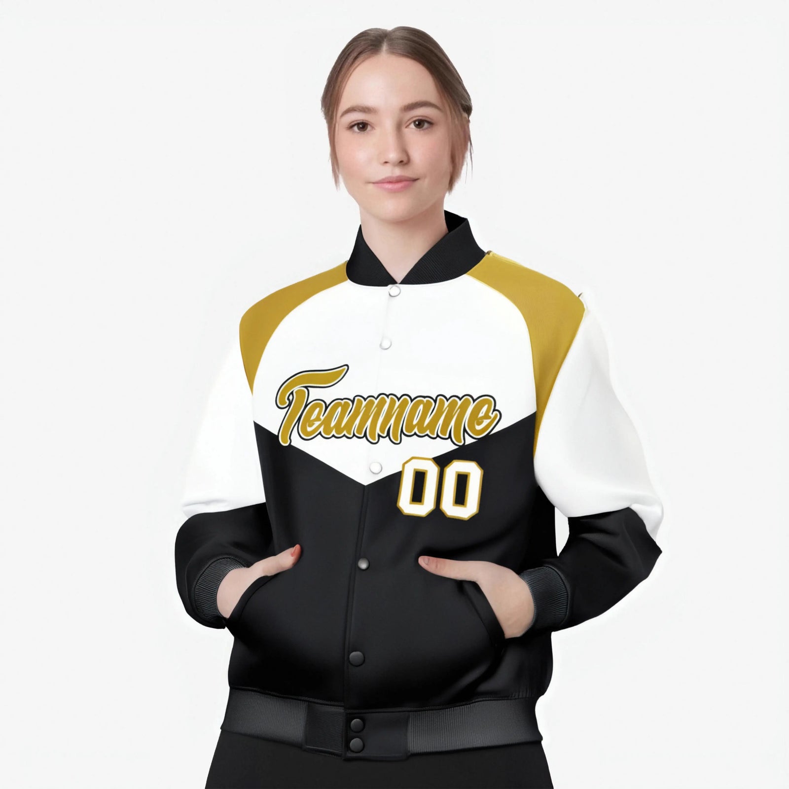 Custom White Black-Old Gold Varsity Full-Snap Color Block Letterman Jacket