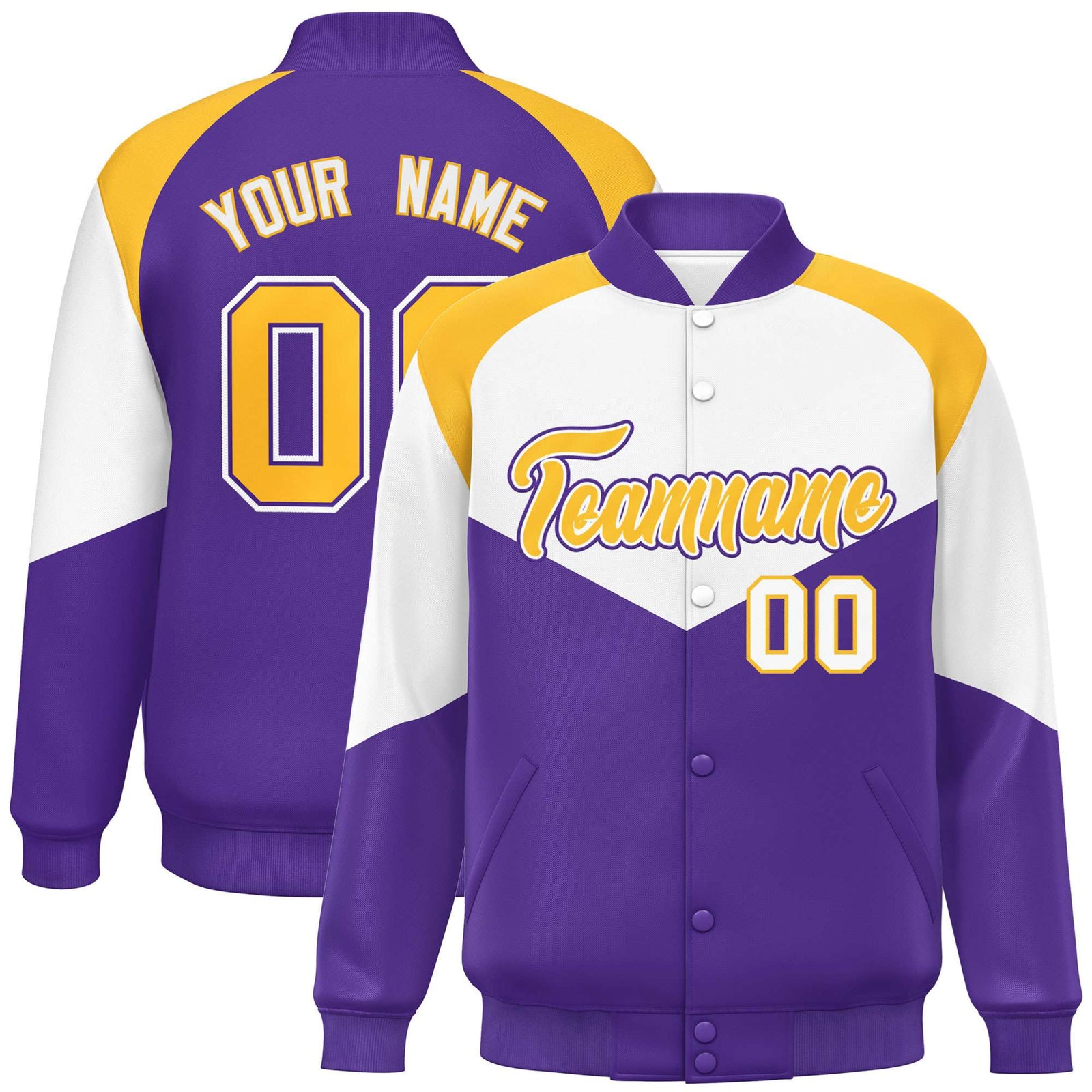 Custom White Purple-Gold Varsity Full-Snap Color Block Letterman Jacket