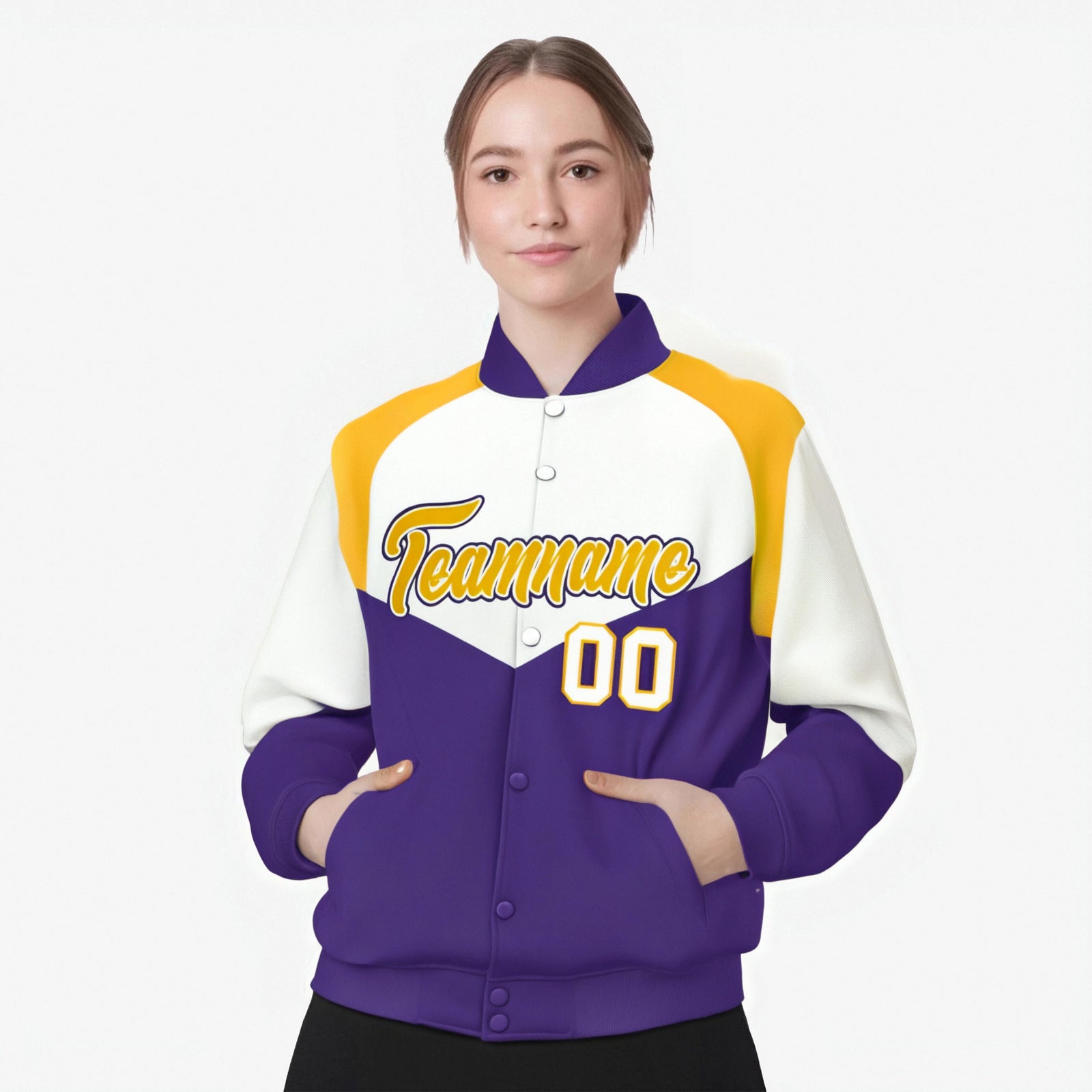 Custom White Purple-Gold Varsity Full-Snap Color Block Letterman Jacket
