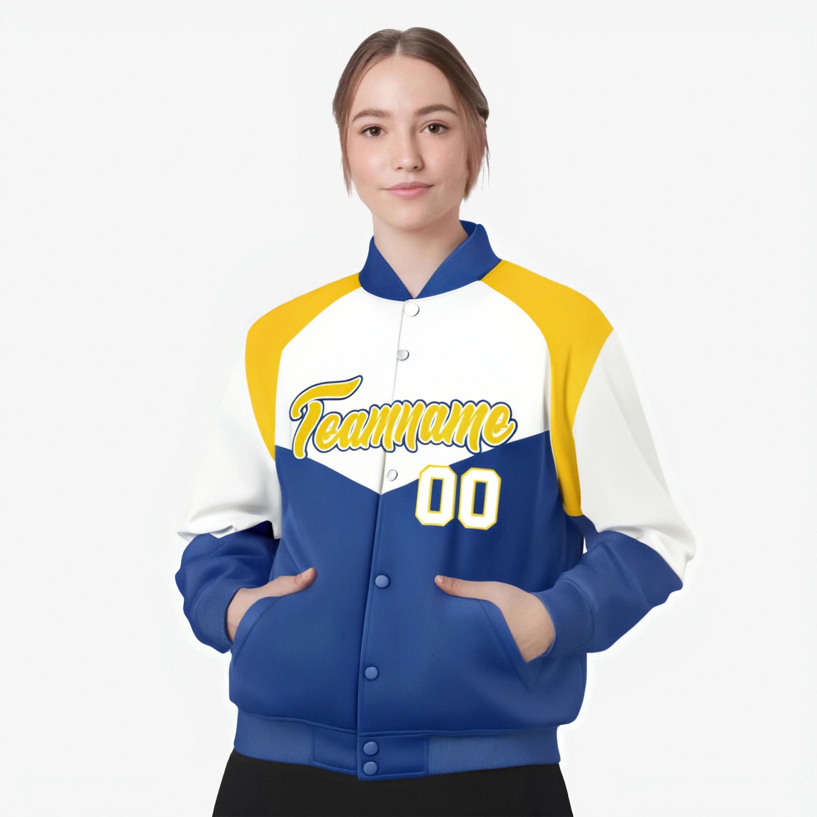 Custom White Royal Blue-Gold Varsity Full-Snap Color Block Letterman Jacket