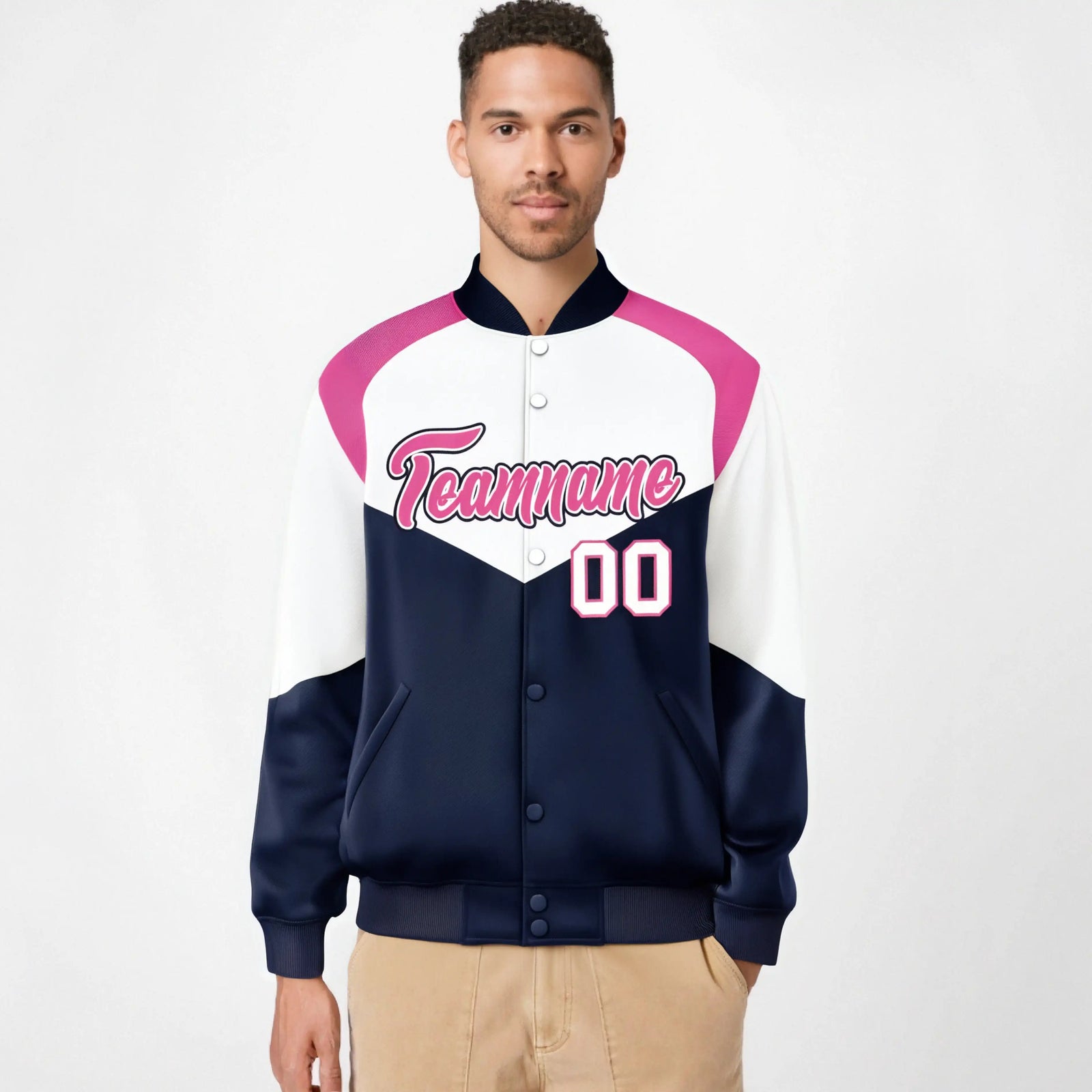 Custom White Navy-Pink Varsity Full-Snap Color Block Letterman Jacket