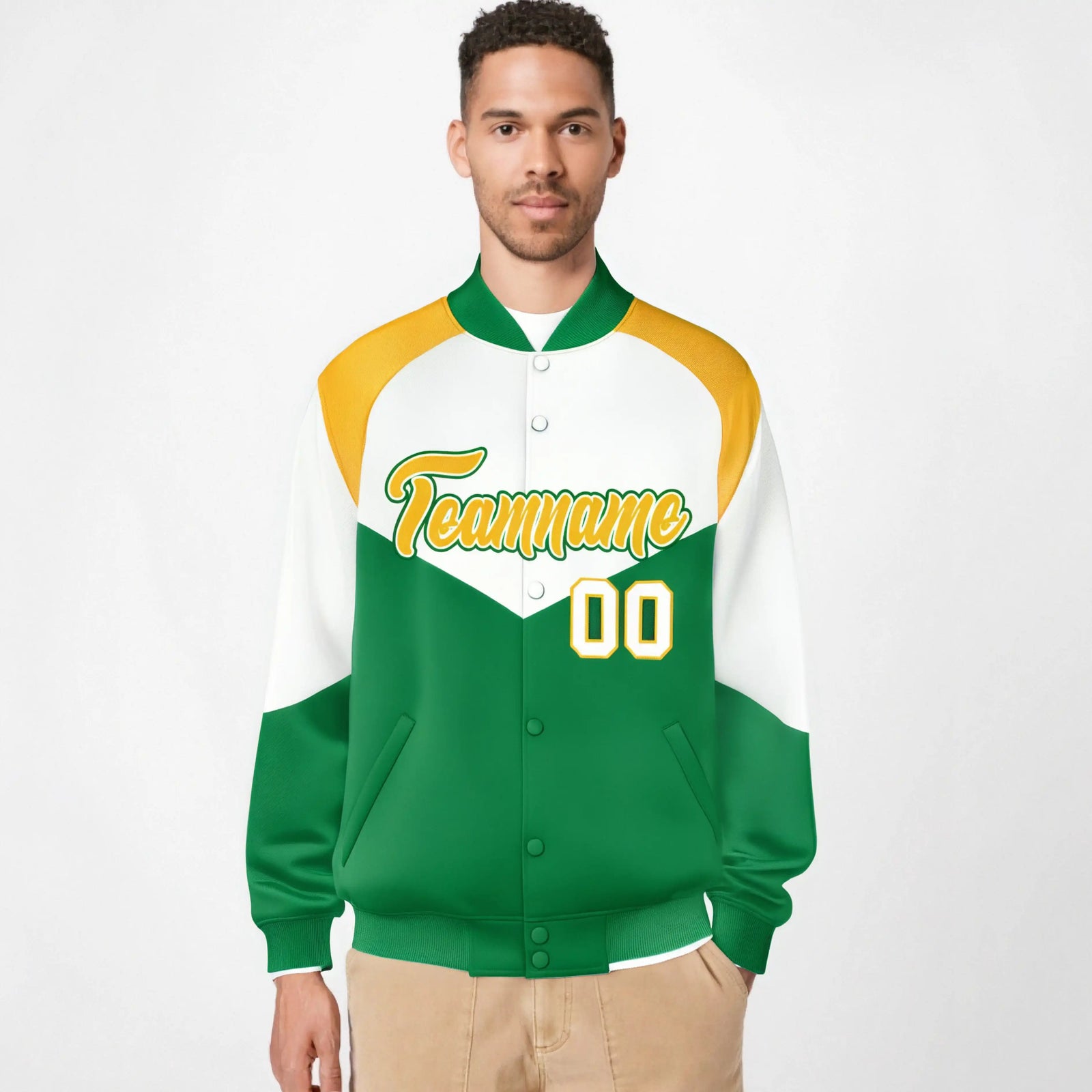 Custom White Kelly Green-Gold Varsity Full-Snap Color Block Letterman Jacket