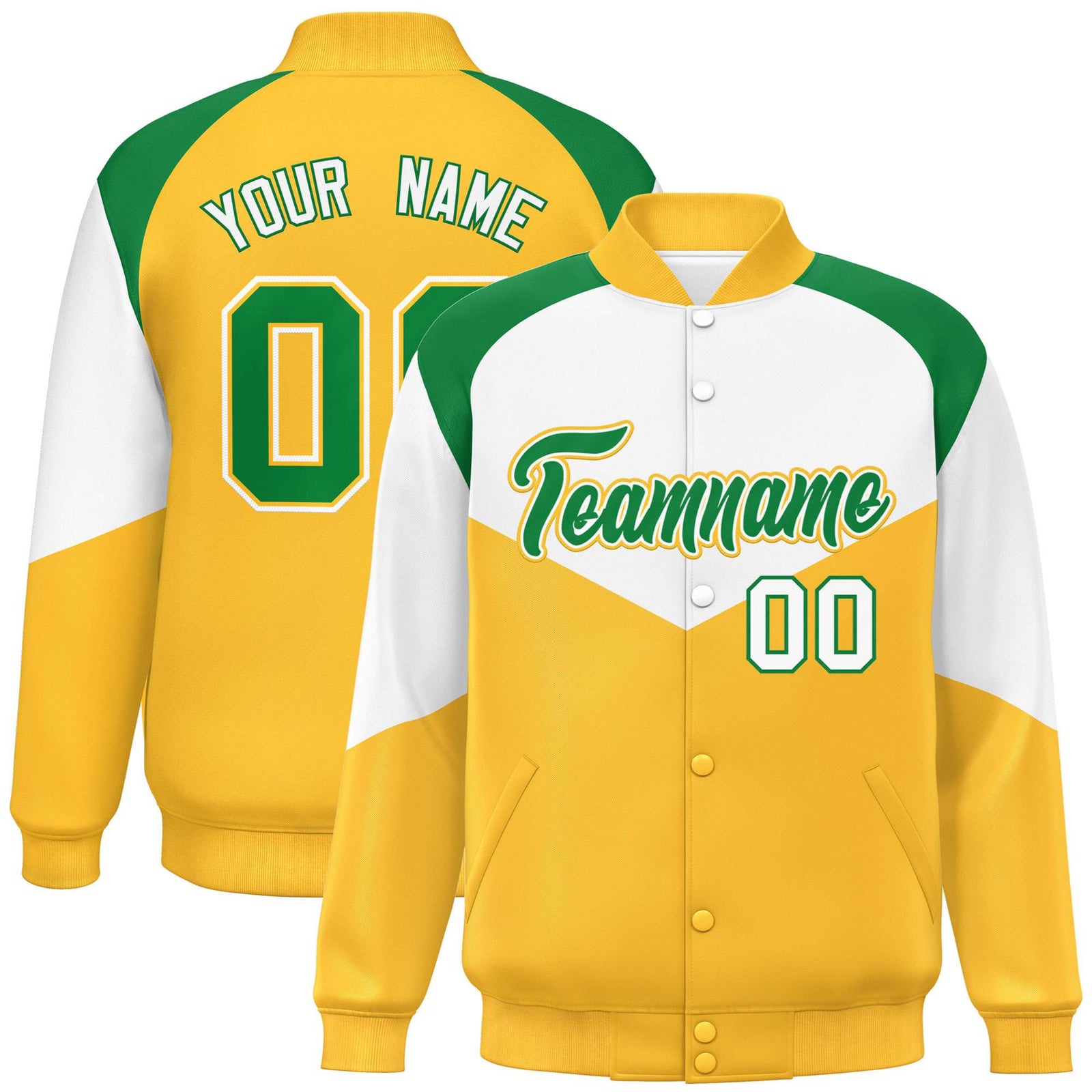 Custom White Gold-Kelly Green Varsity Full-Snap Color Block Letterman Jacket
