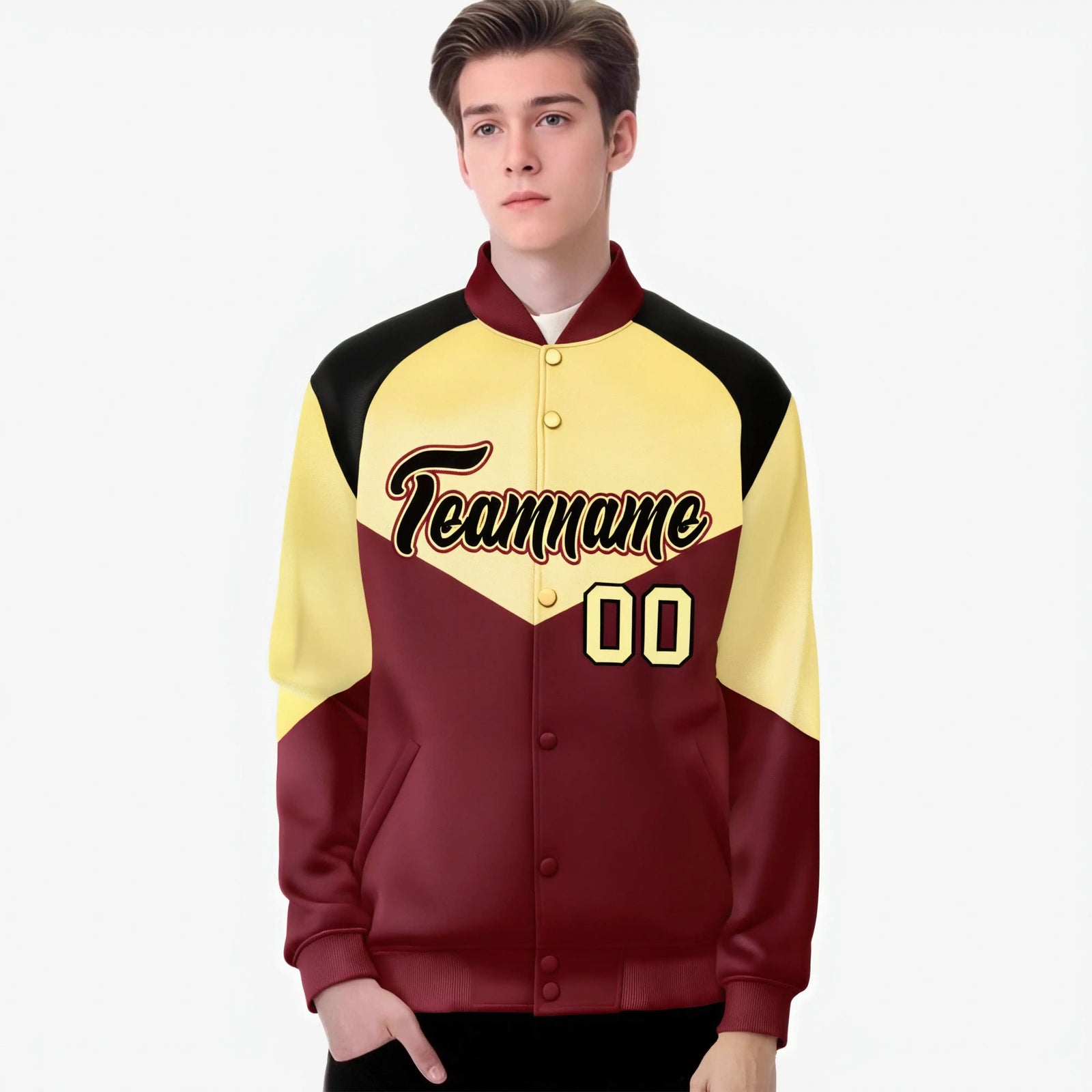 Custom Khaki Crimson-Black Varsity Full-Snap Color Block Letterman Jacket