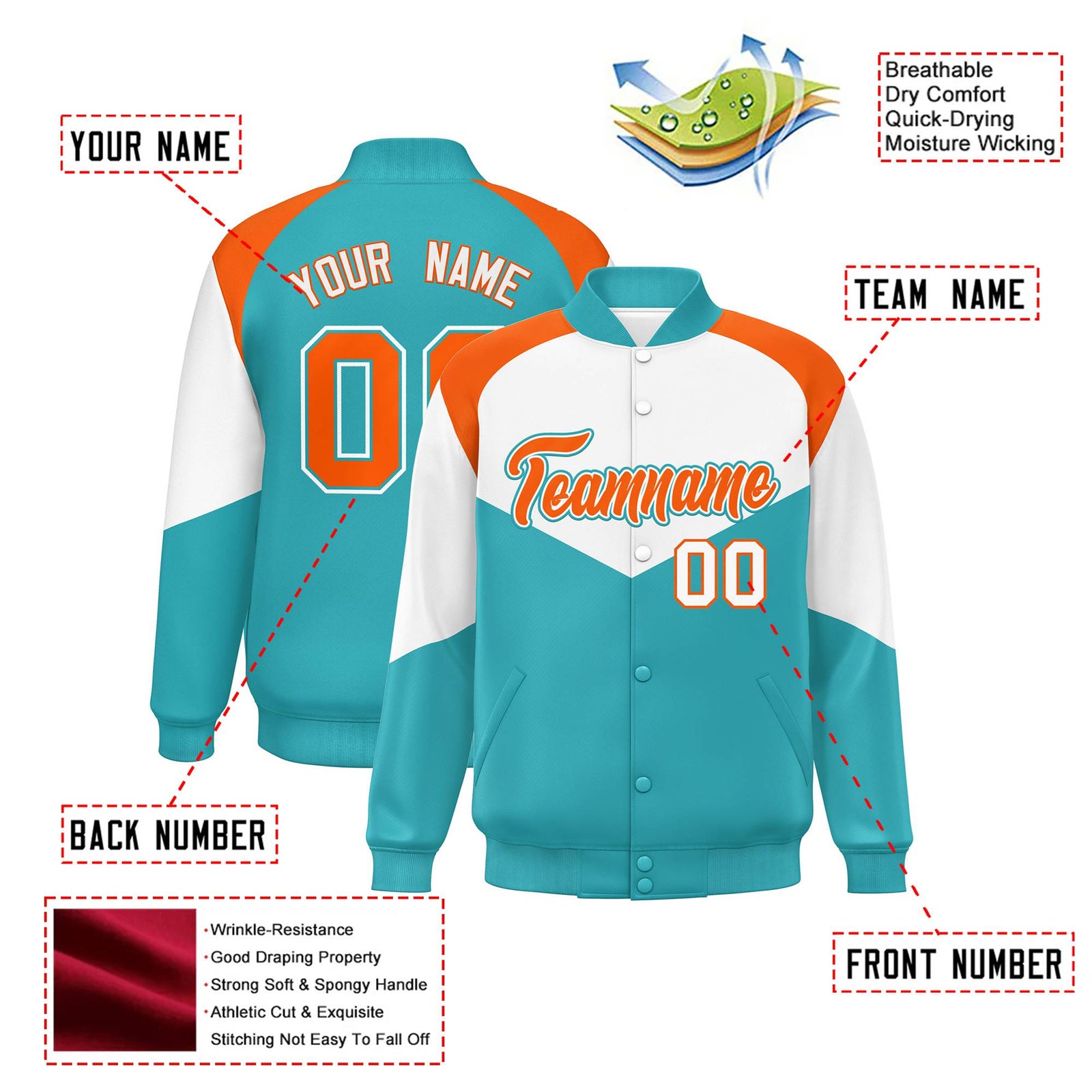 Custom White Aqua-Orange Varsity Full-Snap Color Block Letterman Jacket