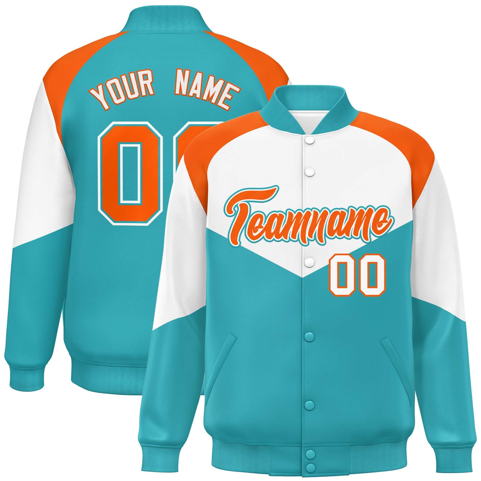 Custom White Aqua-Orange Varsity Full-Snap Color Block Letterman Jacket