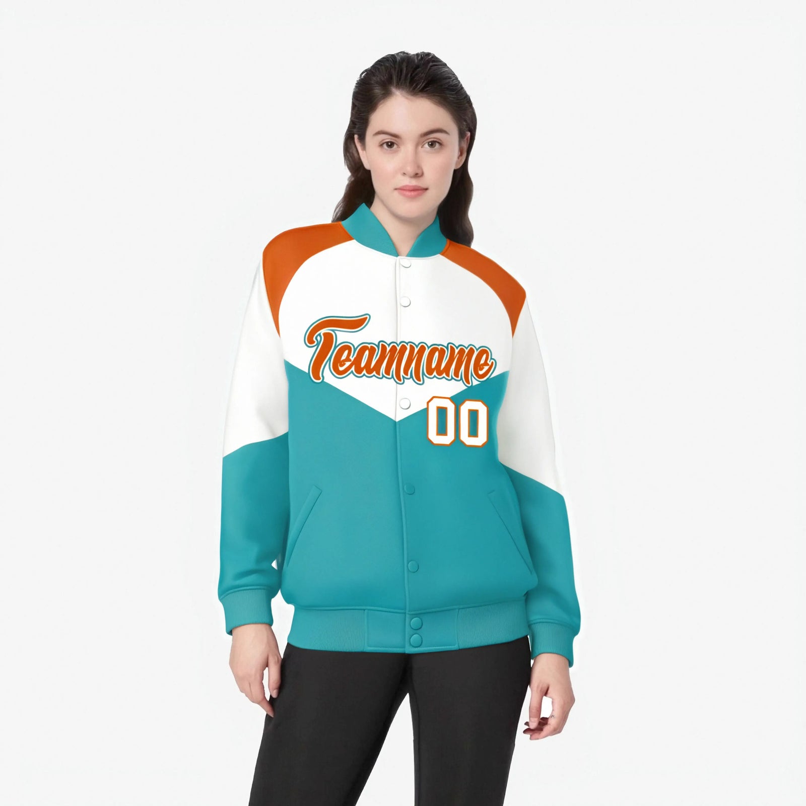 Custom White Aqua-Orange Varsity Full-Snap Color Block Letterman Jacket