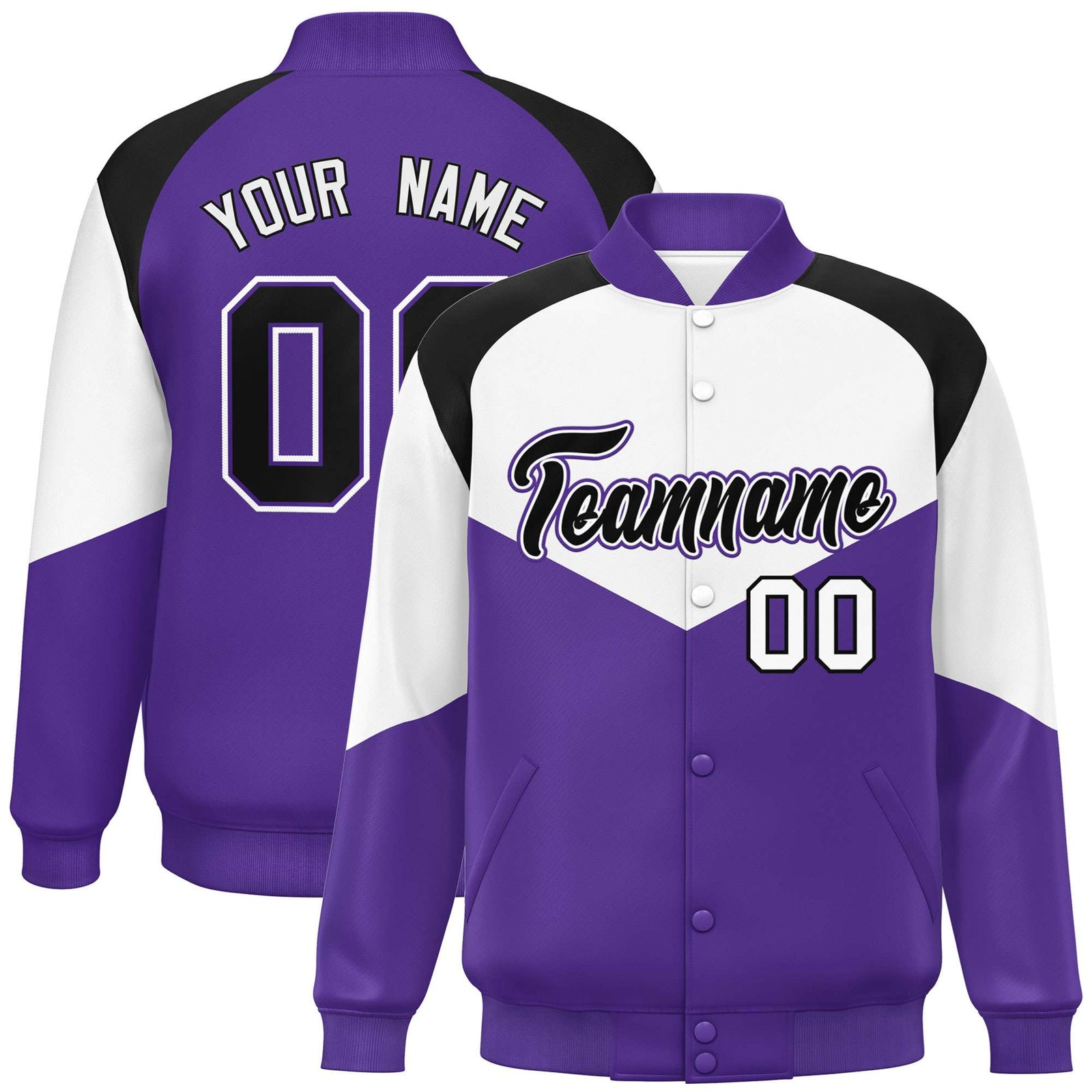 Custom White Purple-Black Varsity Full-Snap Color Block Letterman Jacket