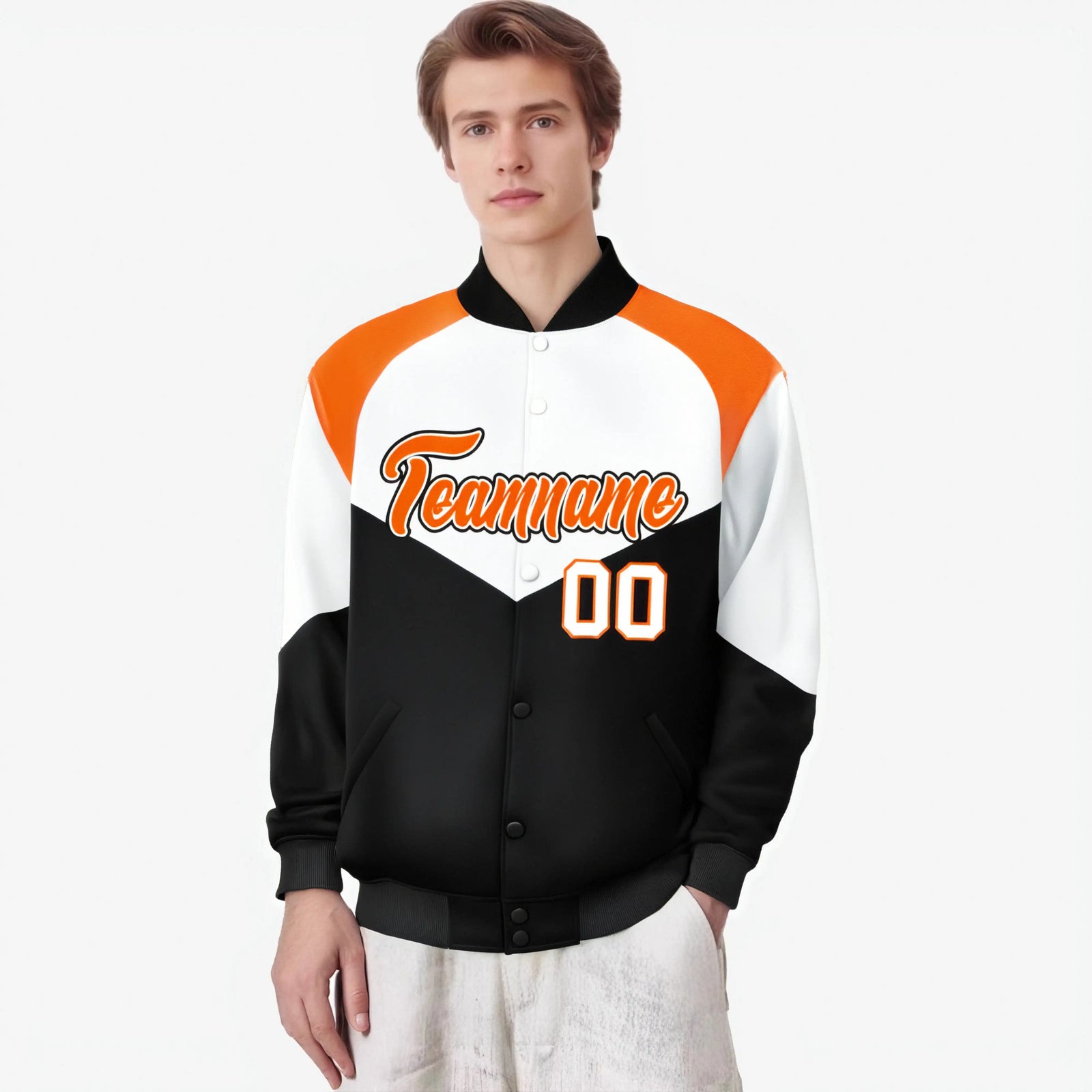 Custom White Black-Orange Varsity Full-Snap Color Block Letterman Jacket