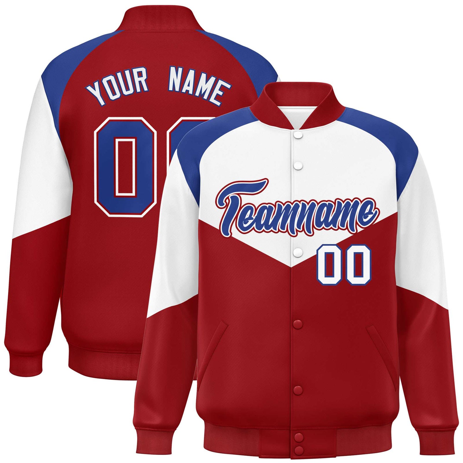 Custom White Red-Royal Blue Varsity Full-Snap Color Block Letterman Jacket