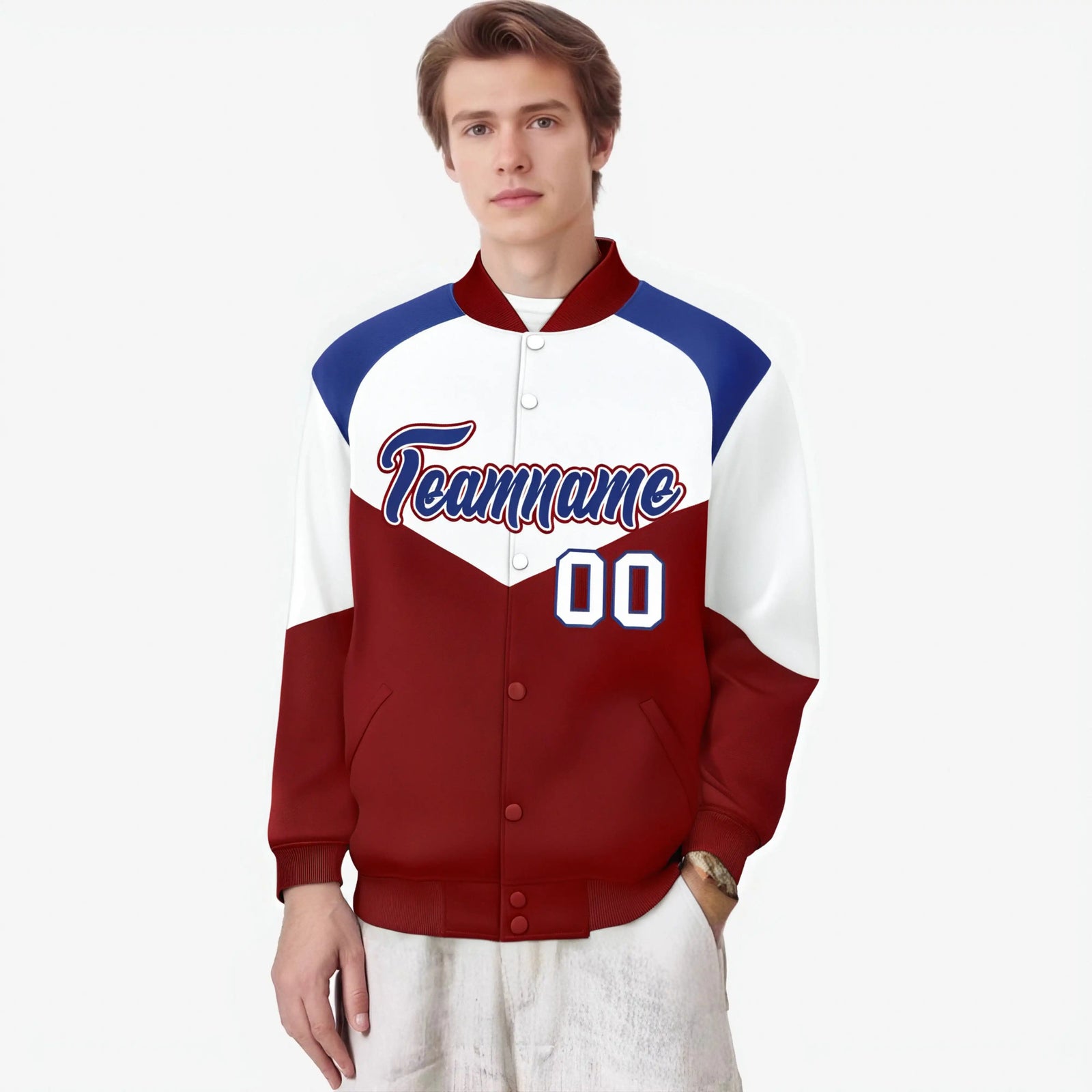 Custom White Red-Royal Blue Varsity Full-Snap Color Block Letterman Jacket