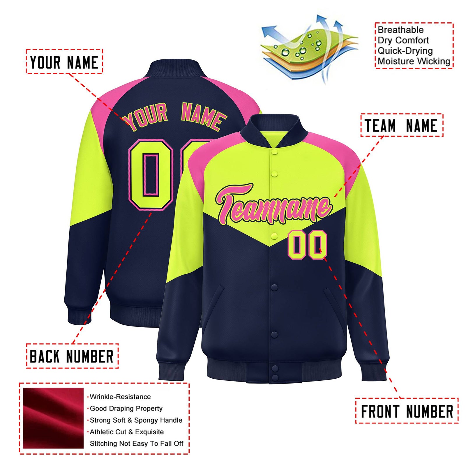 Custom Fluorescent Green Navy-Pink Varsity Full-Snap Color Block Letterman Jacket