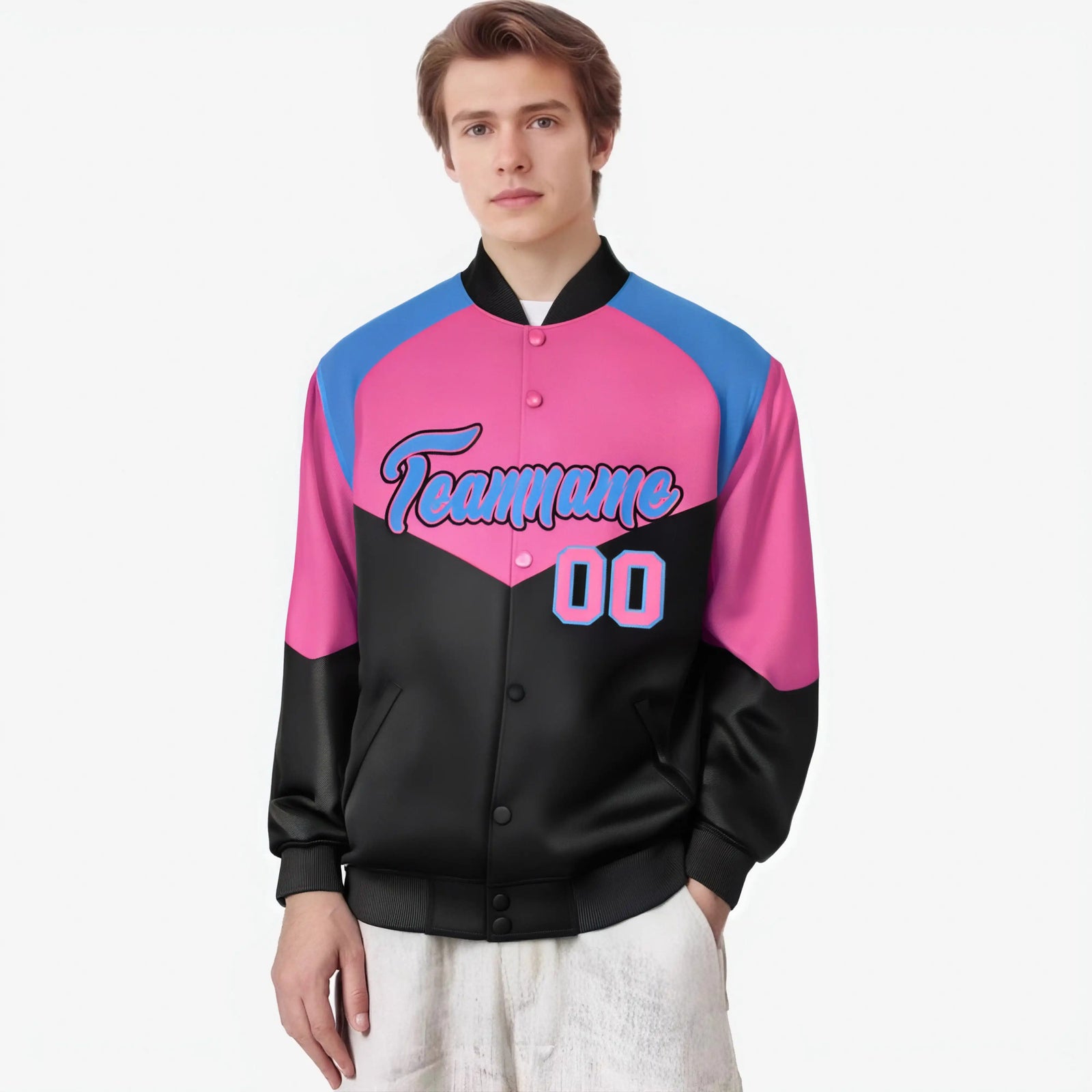 Custom Pink Black-Powder Blue Varsity Full-Snap Color Block Letterman Jacket