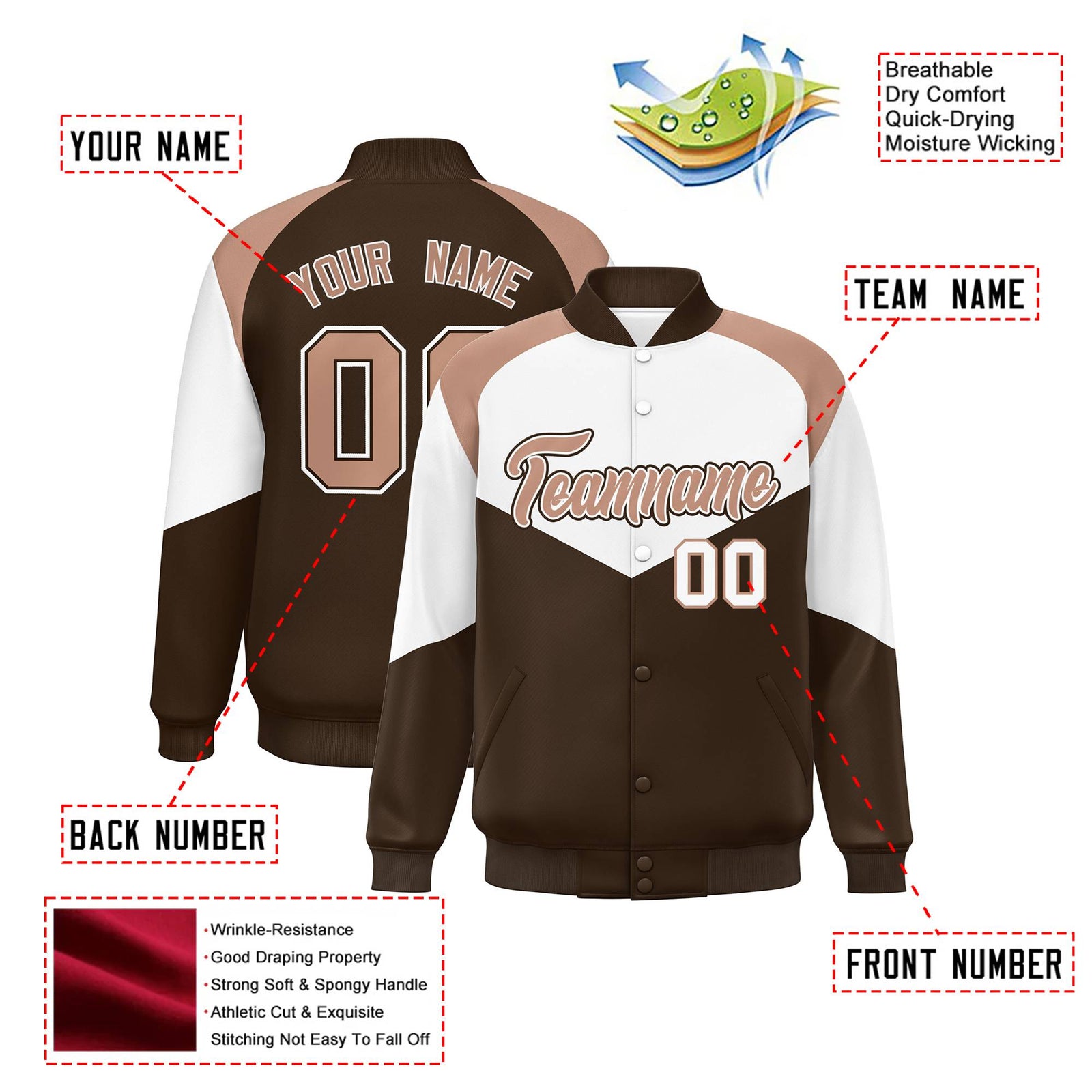 Custom White Brown-Light Brown Varsity Full-Snap Color Block Letterman Jacket