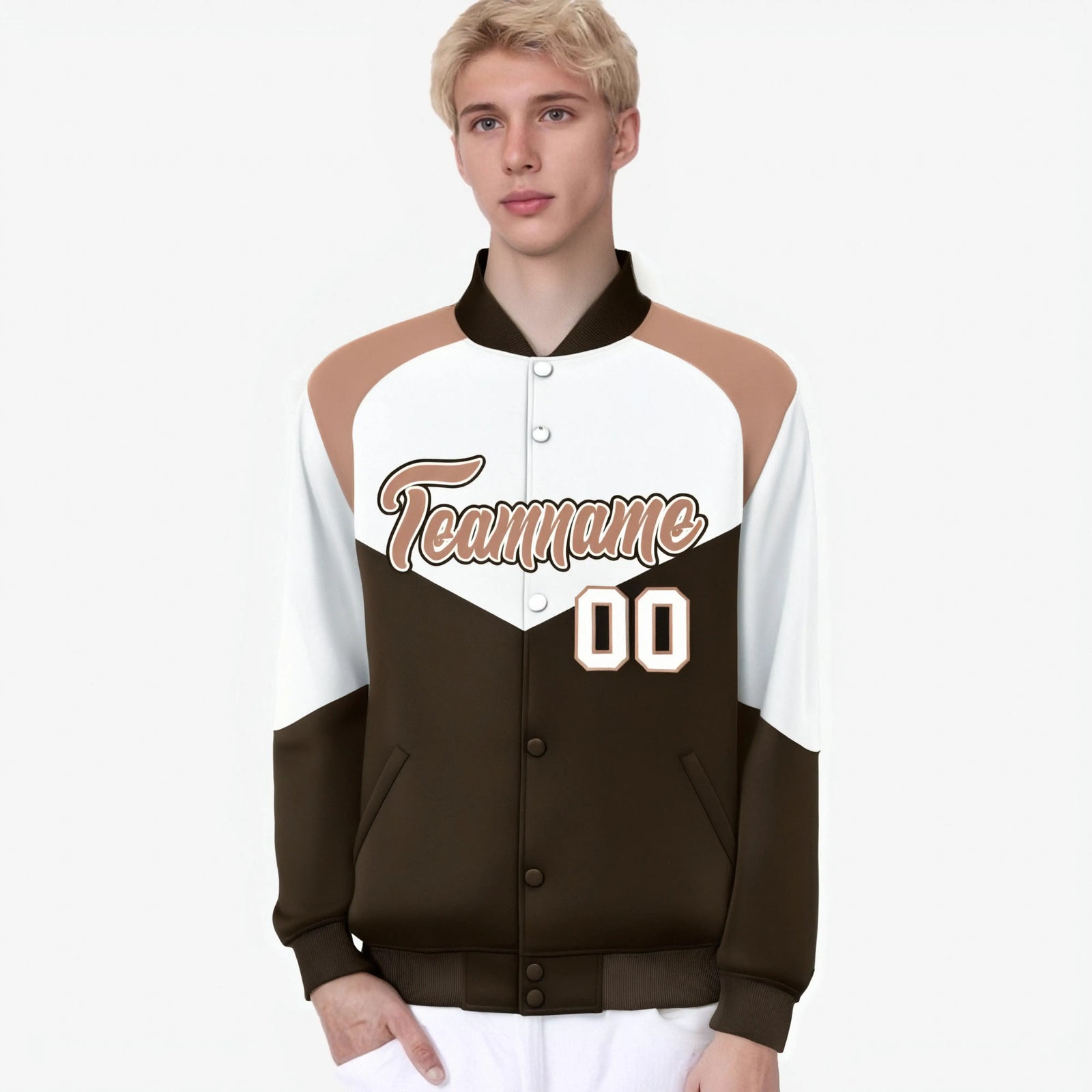 Custom White Brown-Light Brown Varsity Full-Snap Color Block Letterman Jacket