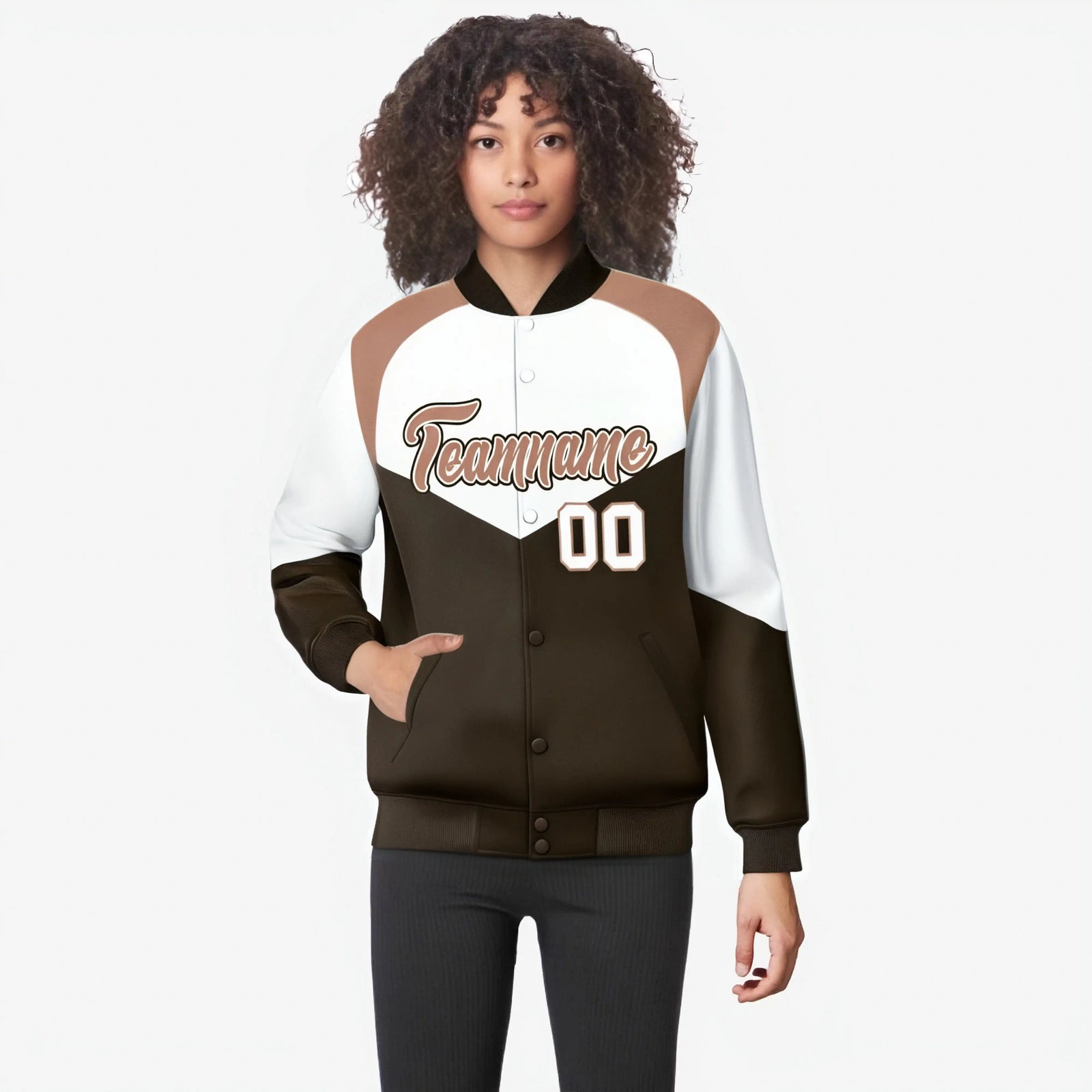 Custom White Brown-Light Brown Varsity Full-Snap Color Block Letterman Jacket